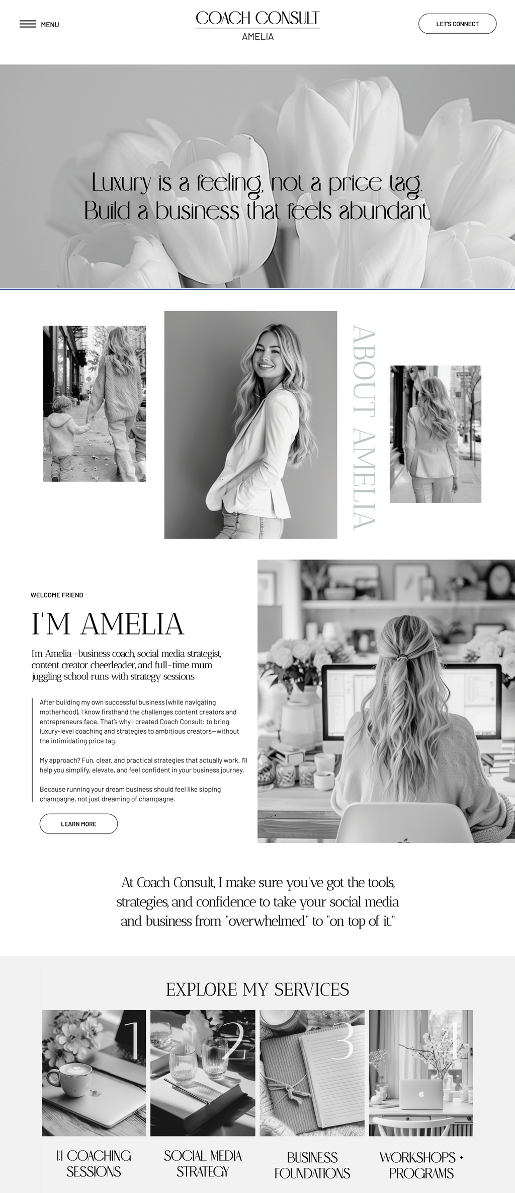 Showit business coach website template. About Page with a soft grey and white theme.