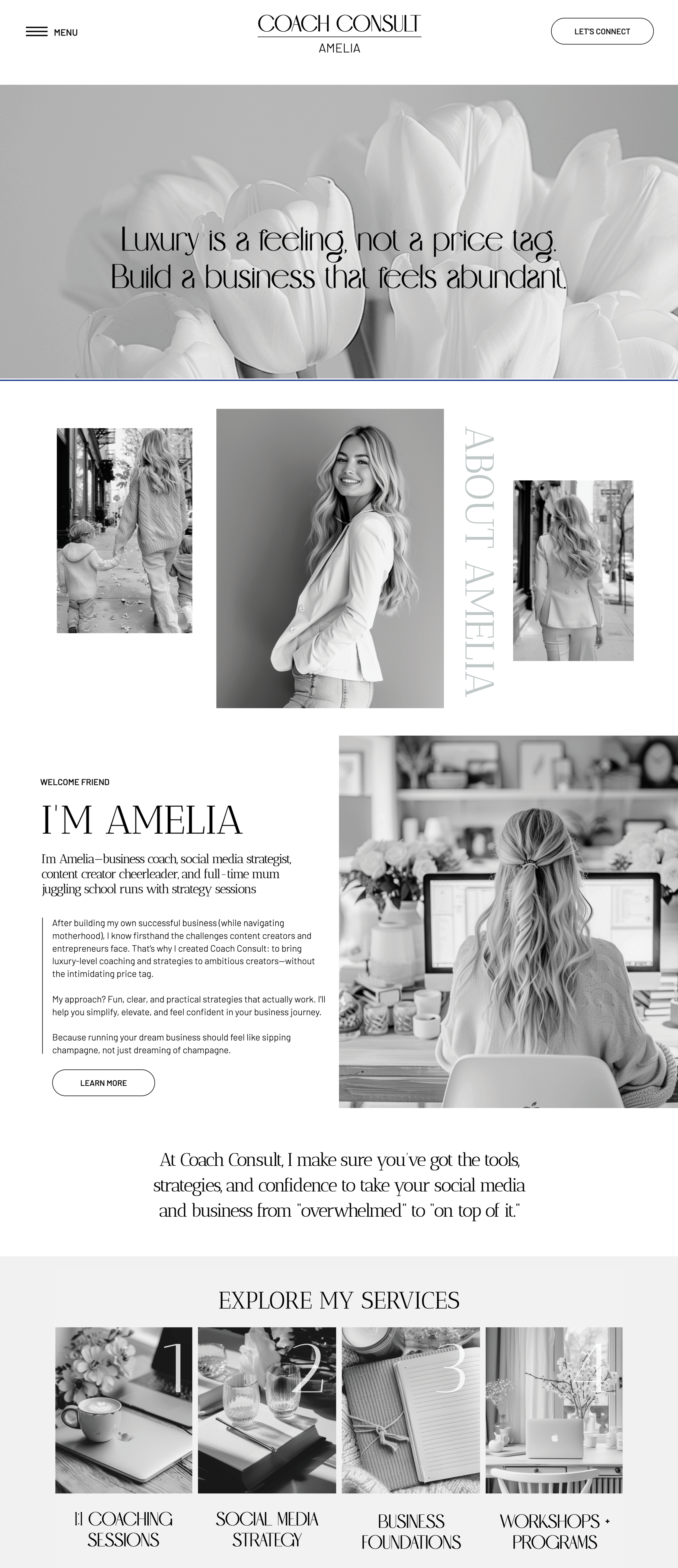 Showit business coach website template. About Page with a soft grey and white theme.