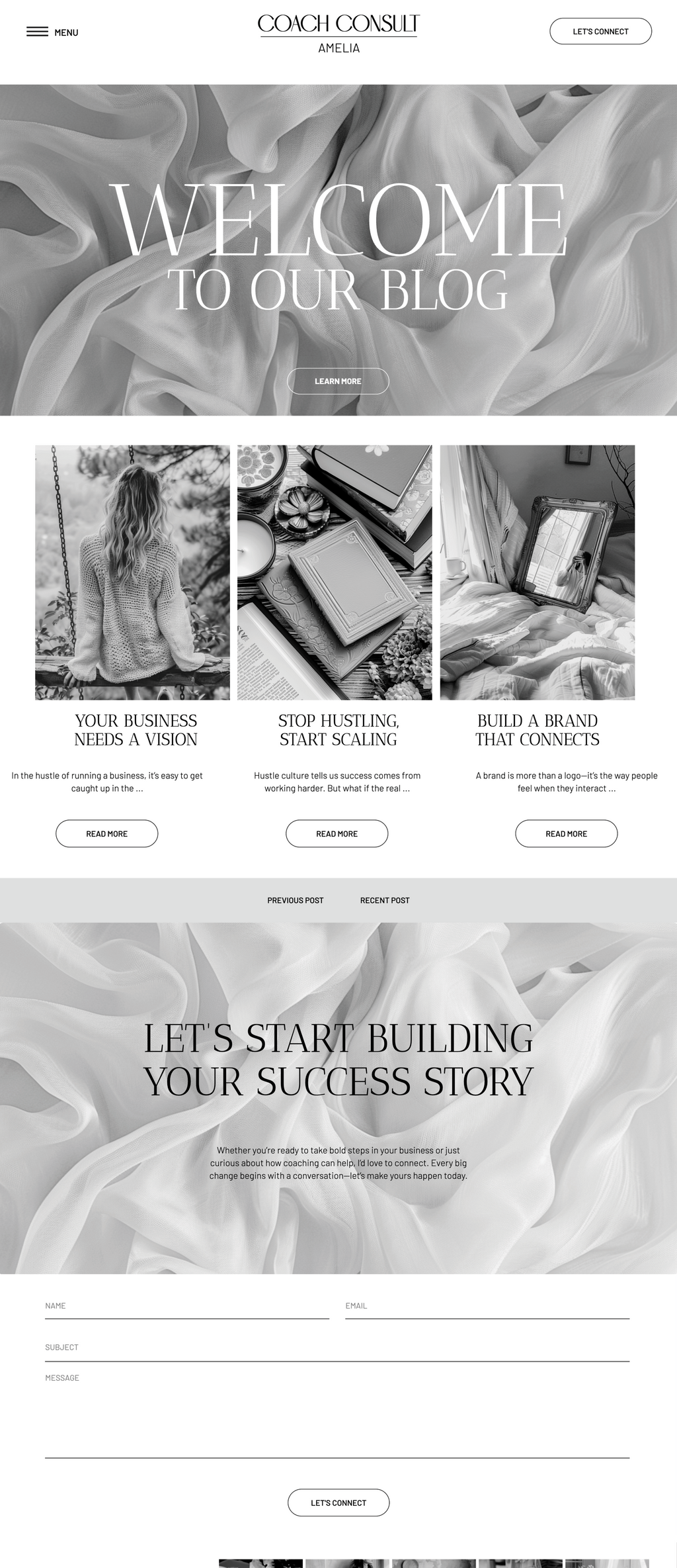 Showit business coach website template. Blog Page with a soft grey and white theme.