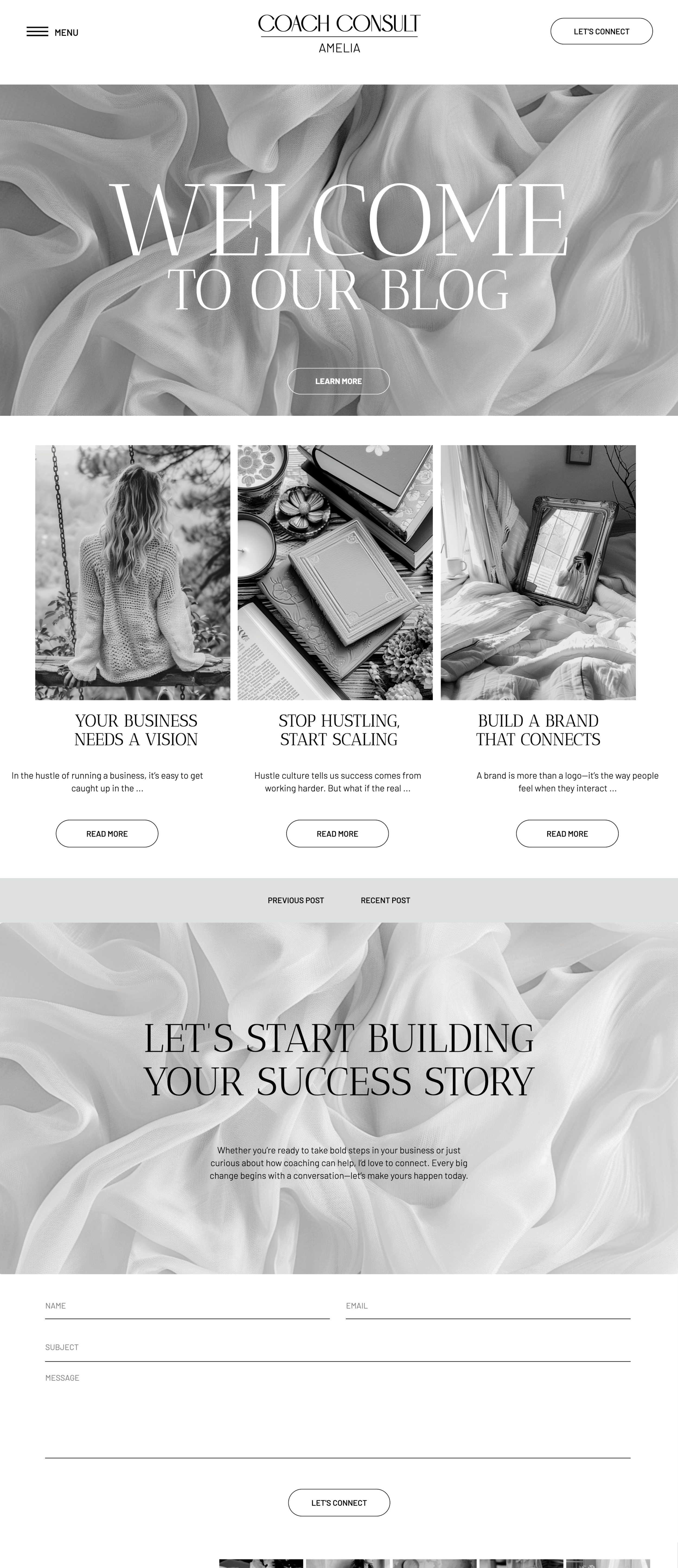 Showit business coach website template. Blog Page with a soft grey and white theme.