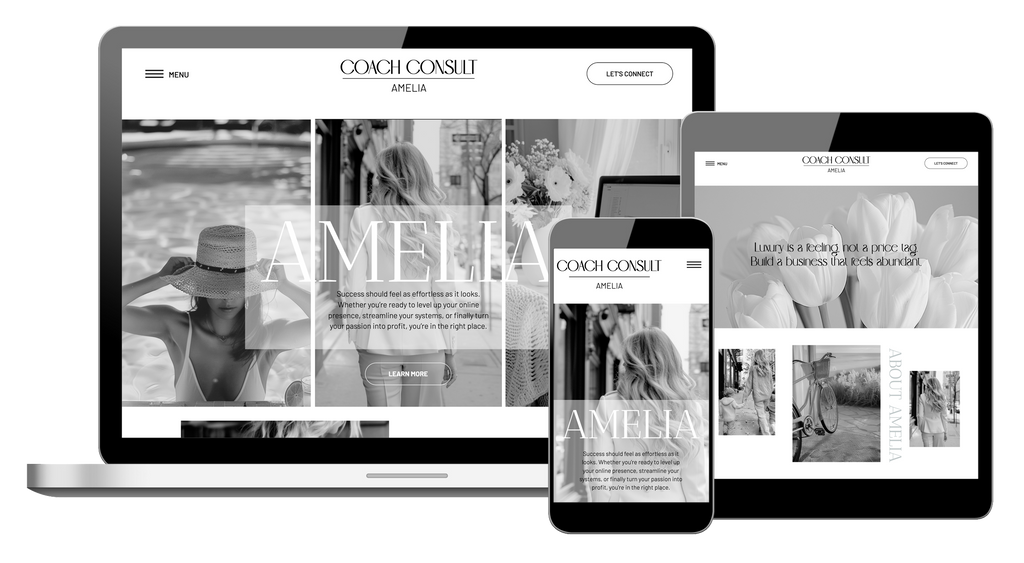 Showit business coach website template with a soft grey and white theme.