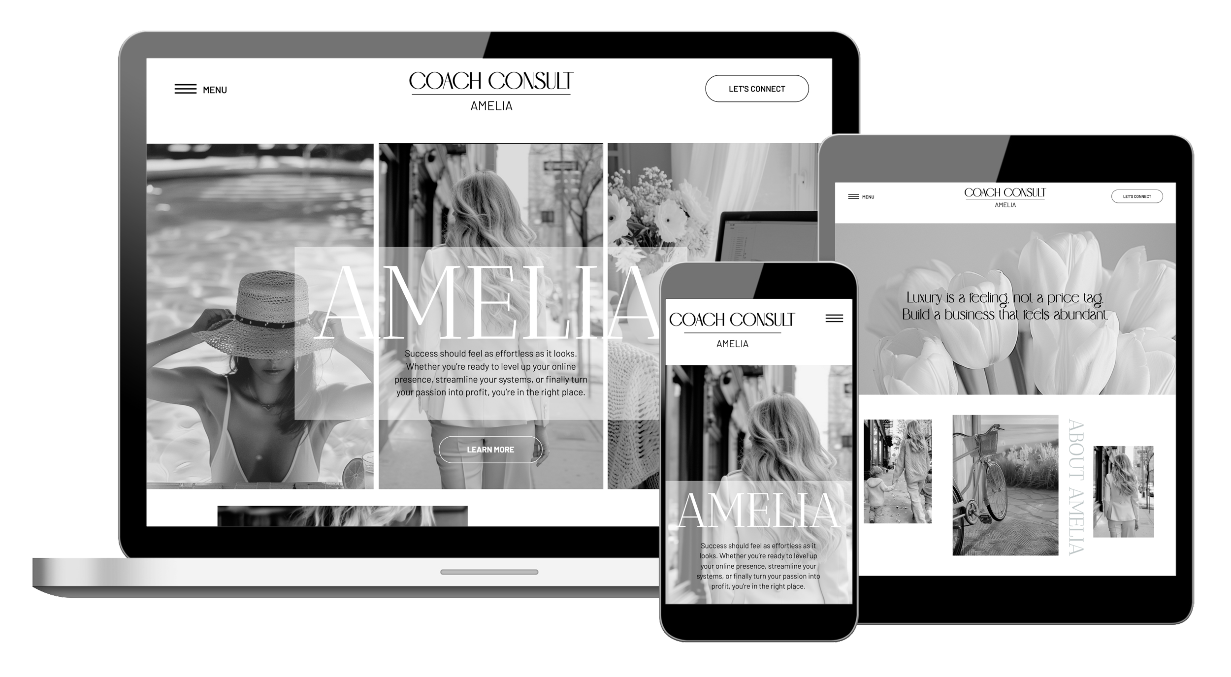 Showit business coach website template with a soft grey and white theme.