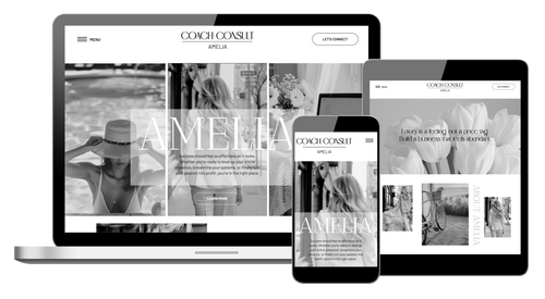 Showit business coach website template with a soft grey and white theme.