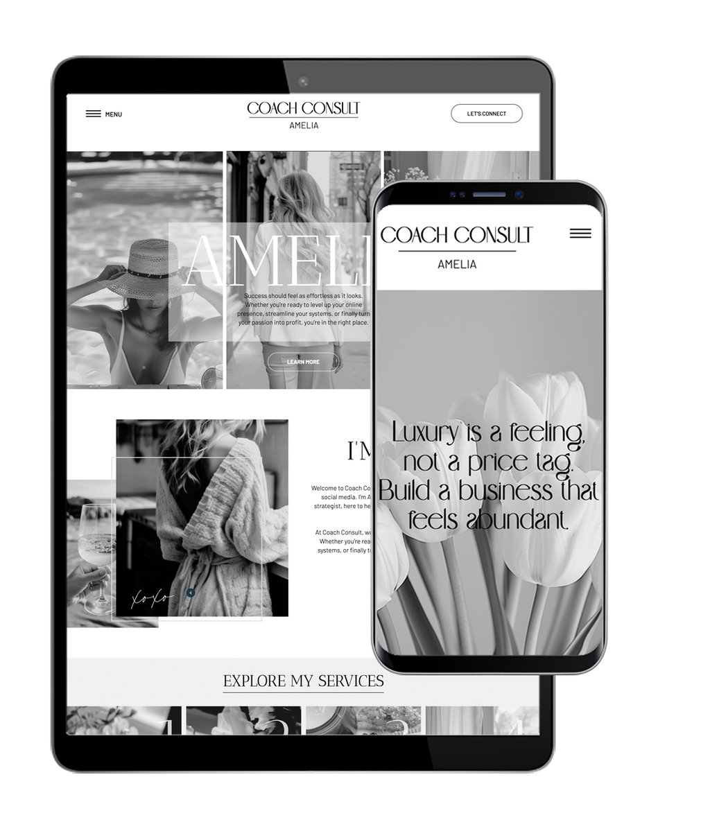 Showit business coach website template with a soft grey and white theme.