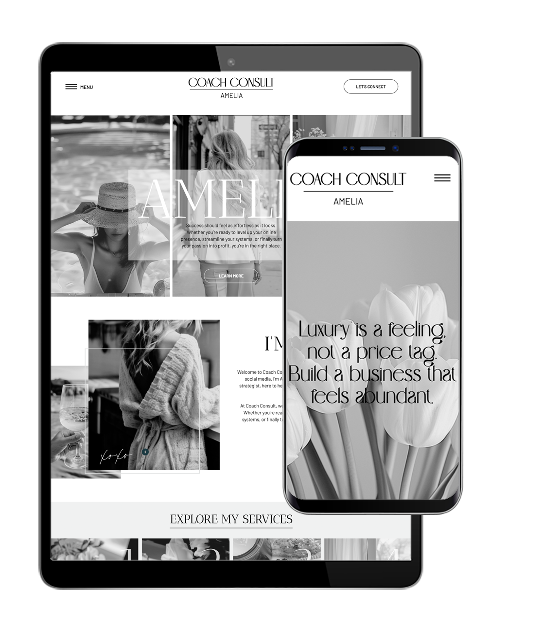 Showit business coach website template with a soft grey and white theme.