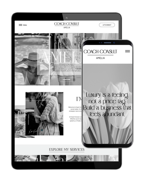 Showit business coach website template with a soft grey and white theme.