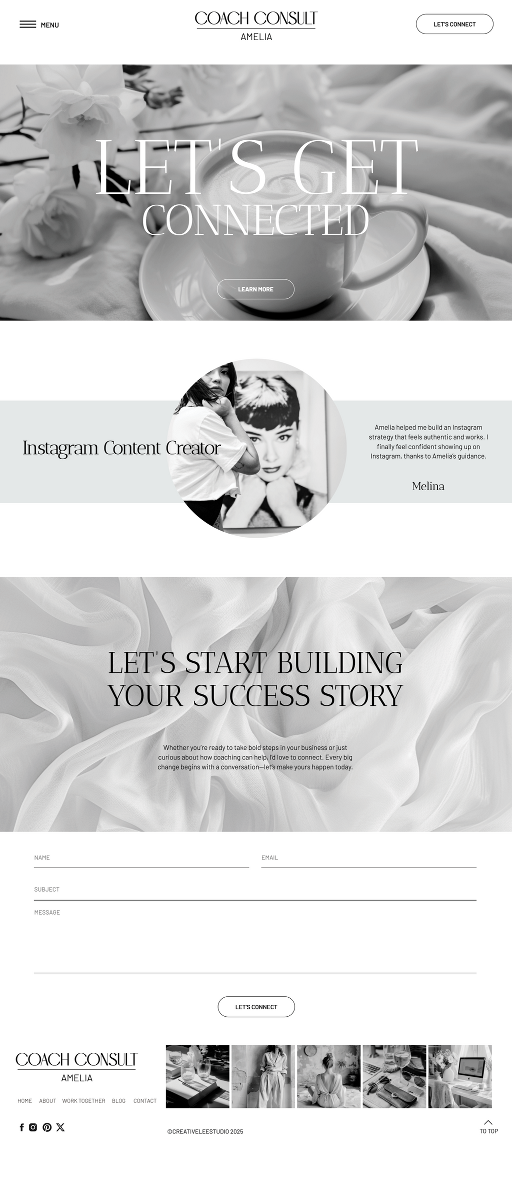 Showit business coach website template. Contact Page with a soft grey and white theme.