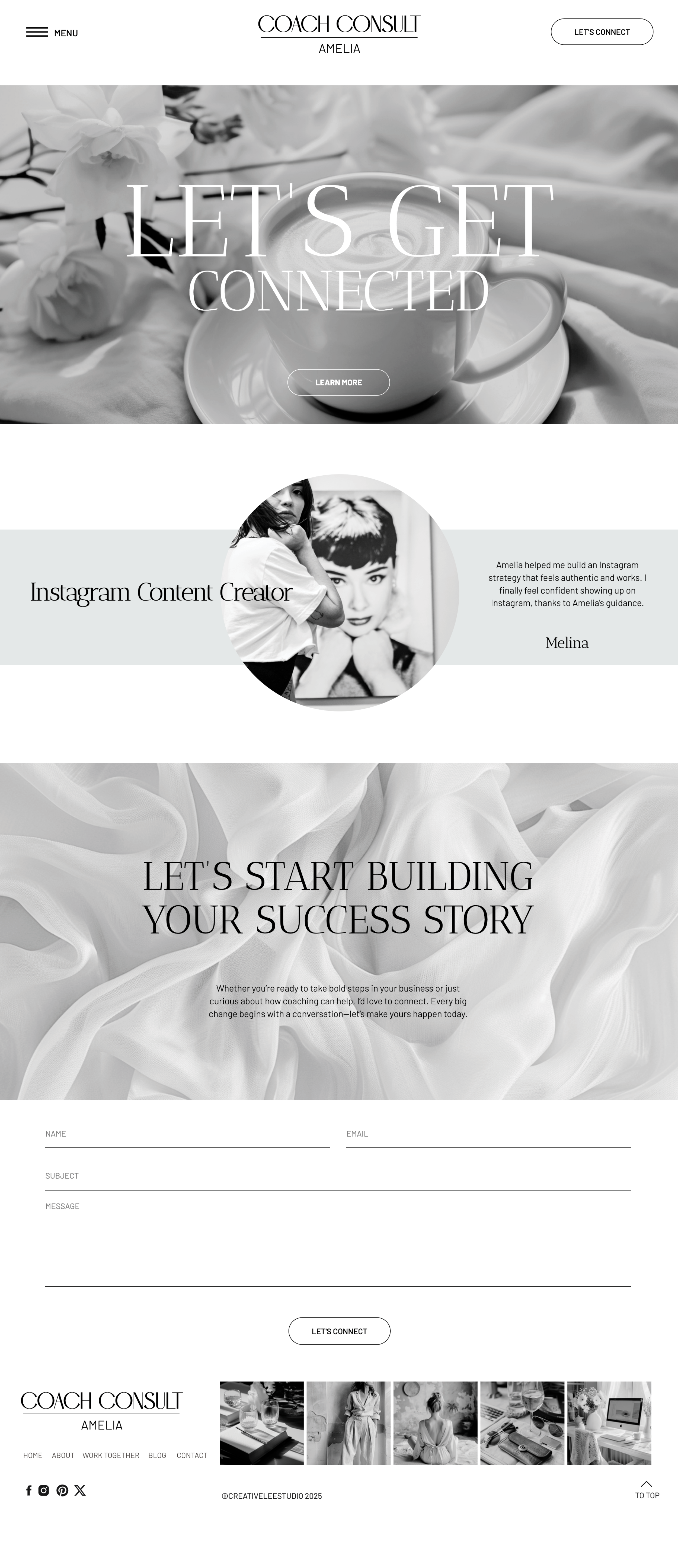 Showit business coach website template. Contact Page with a soft grey and white theme.