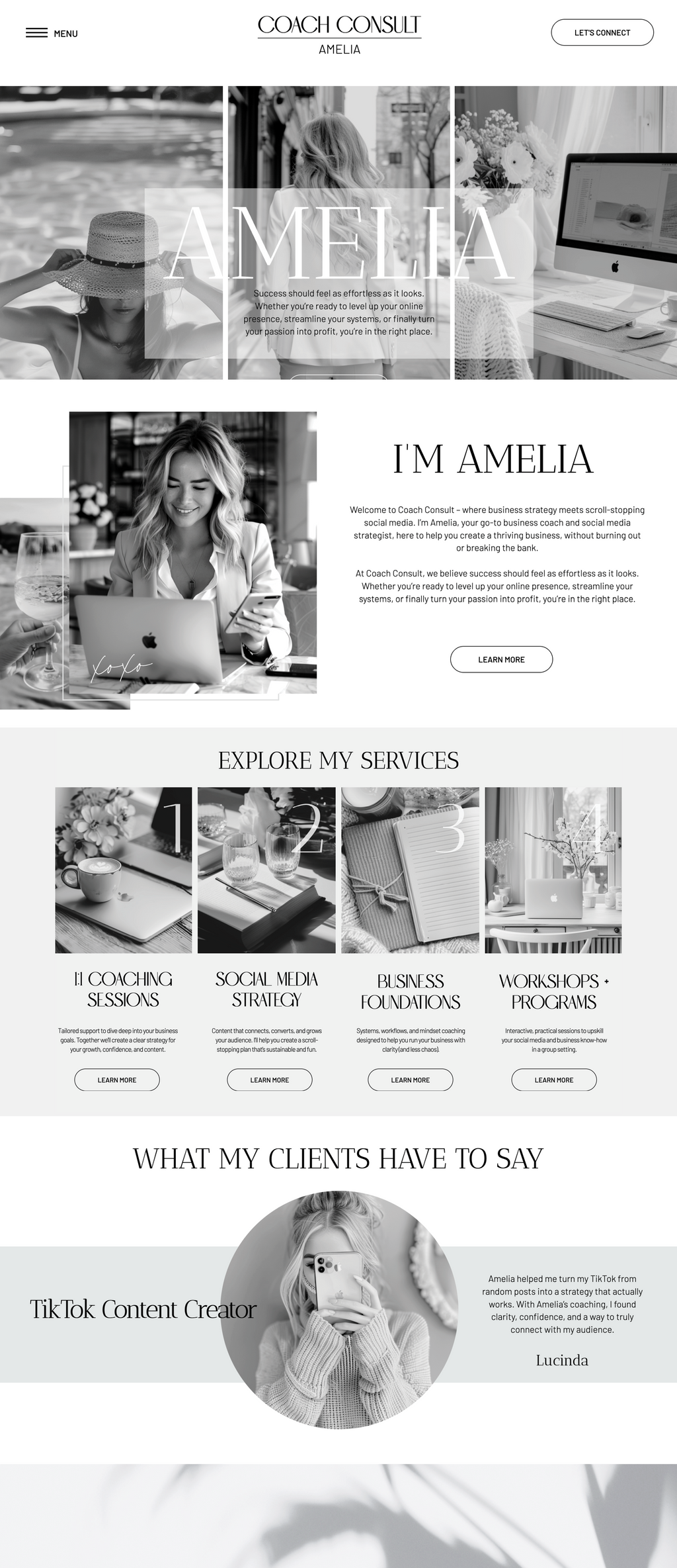 Showit business coach website template. Home Page with a soft grey and white theme.