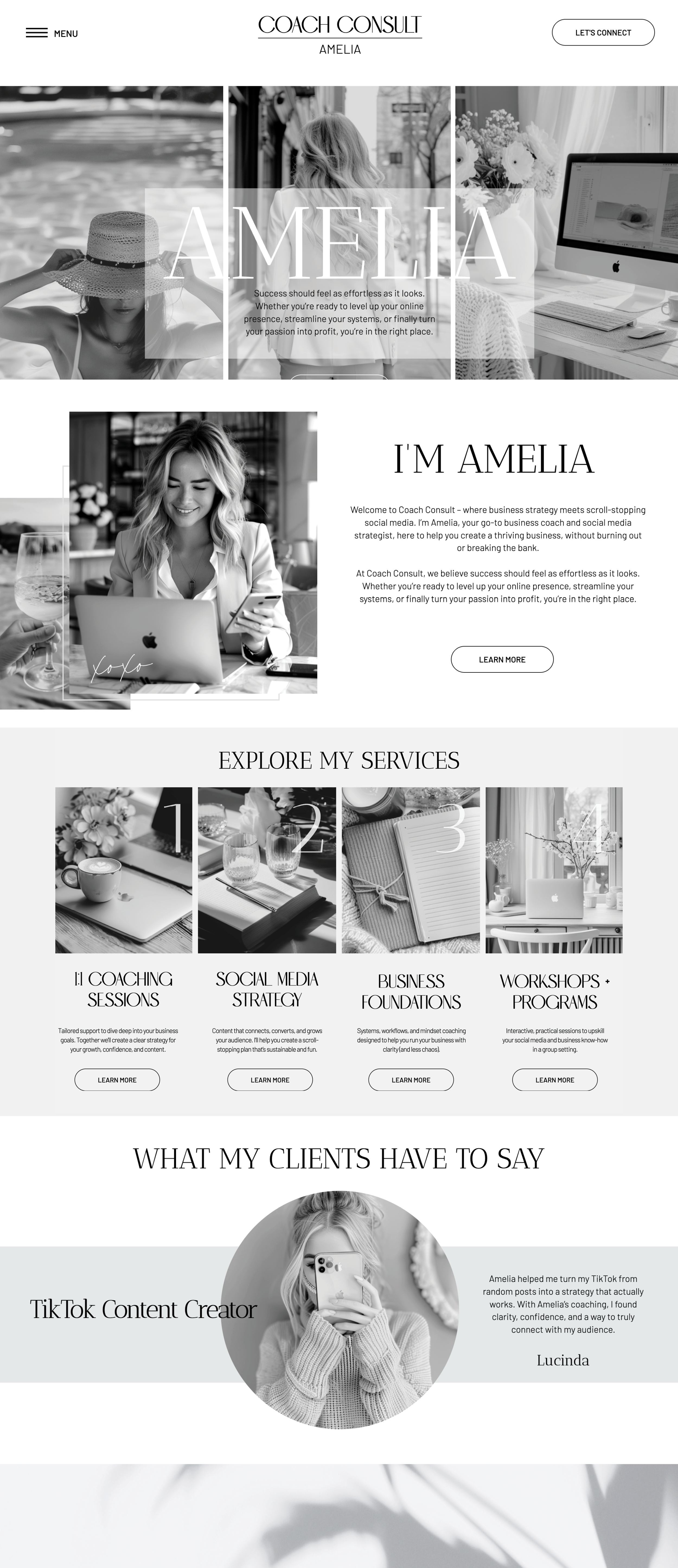 Showit business coach website template. Home Page with a soft grey and white theme.