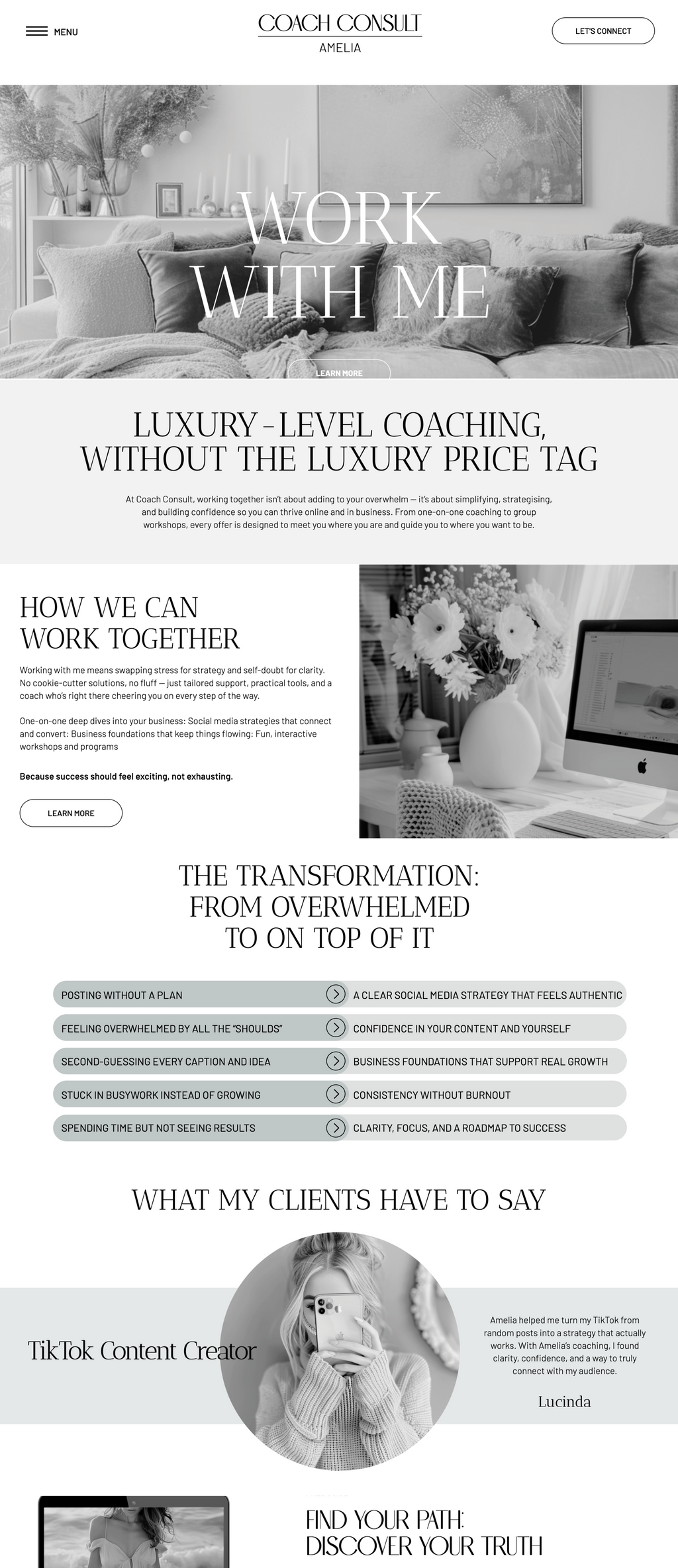 Showit business coach website template. Work with Me Page with a soft grey and white theme.