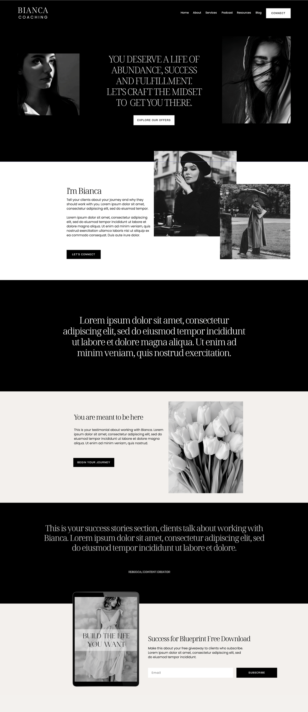 Showit business coach website template. About Page with a black and white theme.