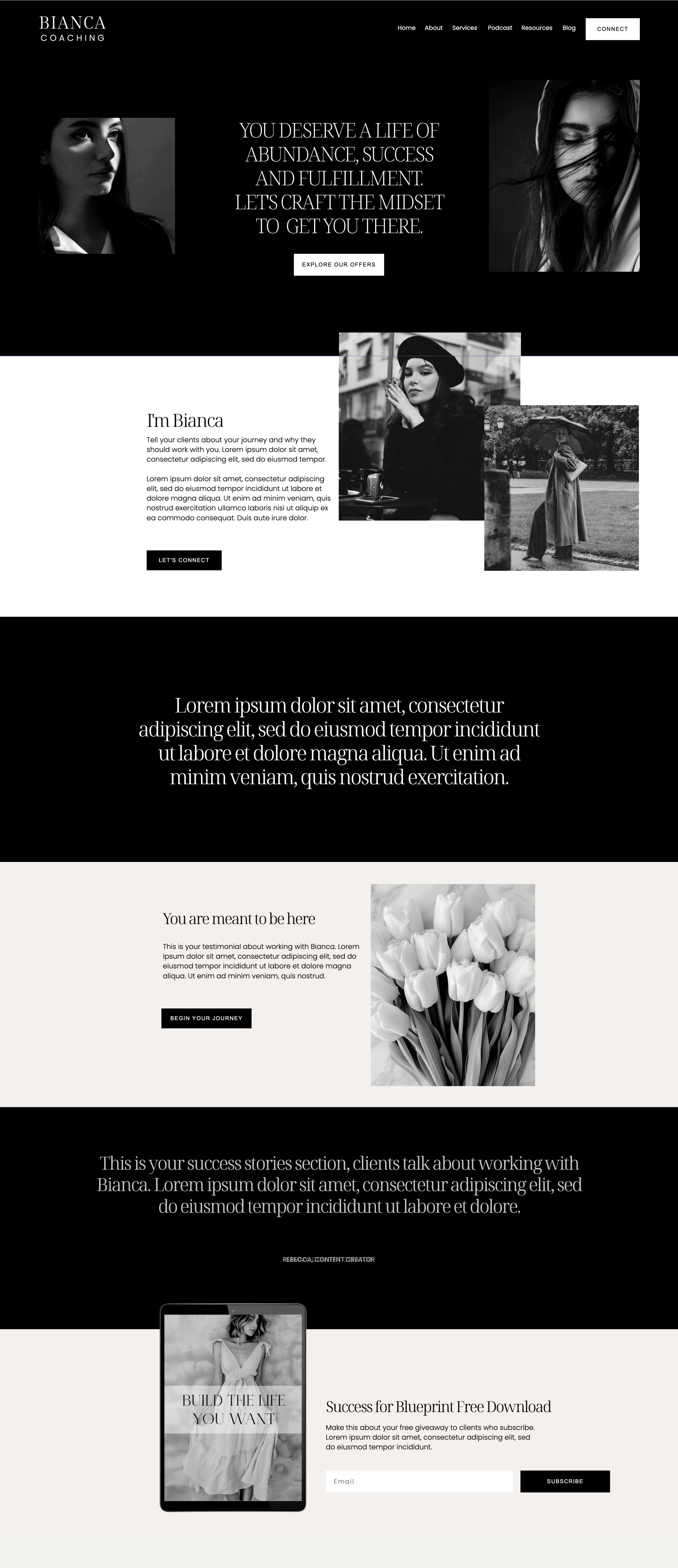 Showit business coach website template. About Page with a black and white theme.