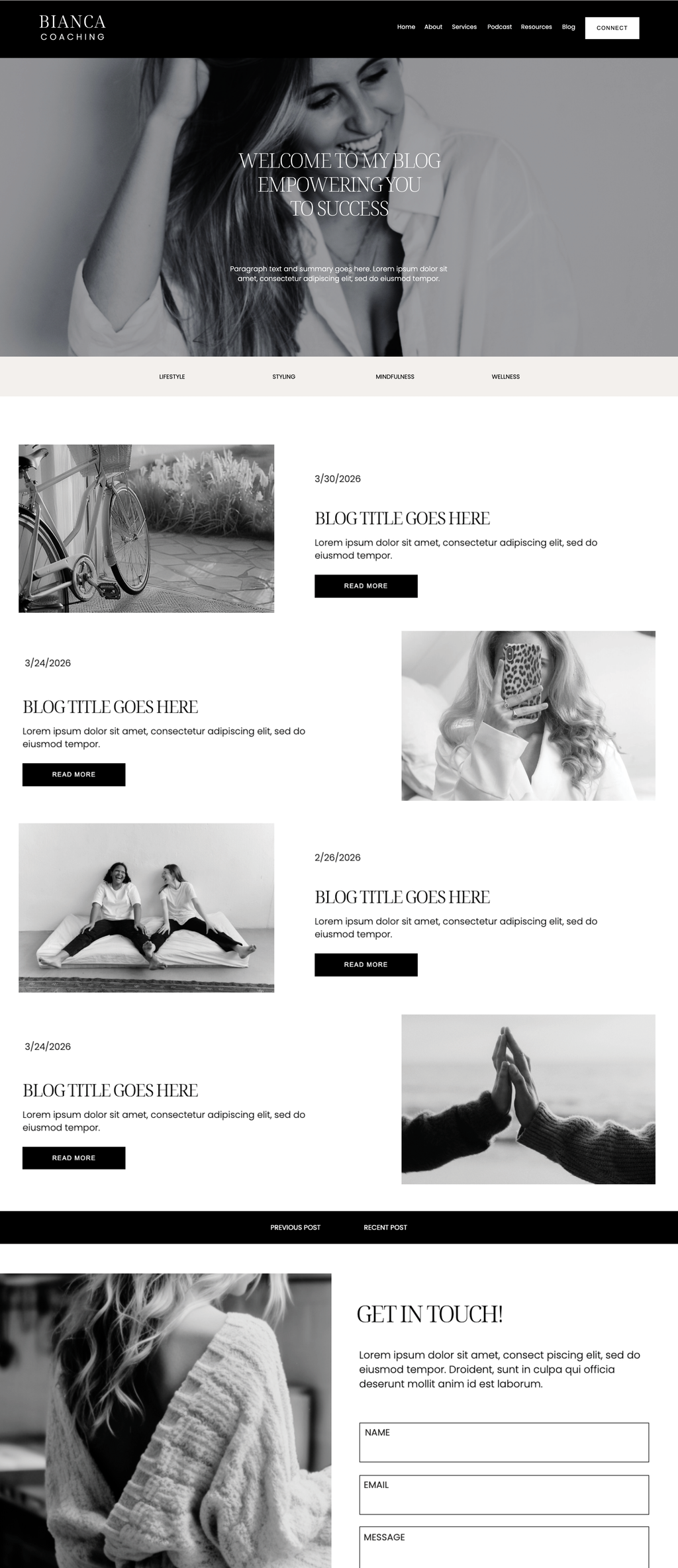 Showit business coach website template. Blog Page with a black and white theme.