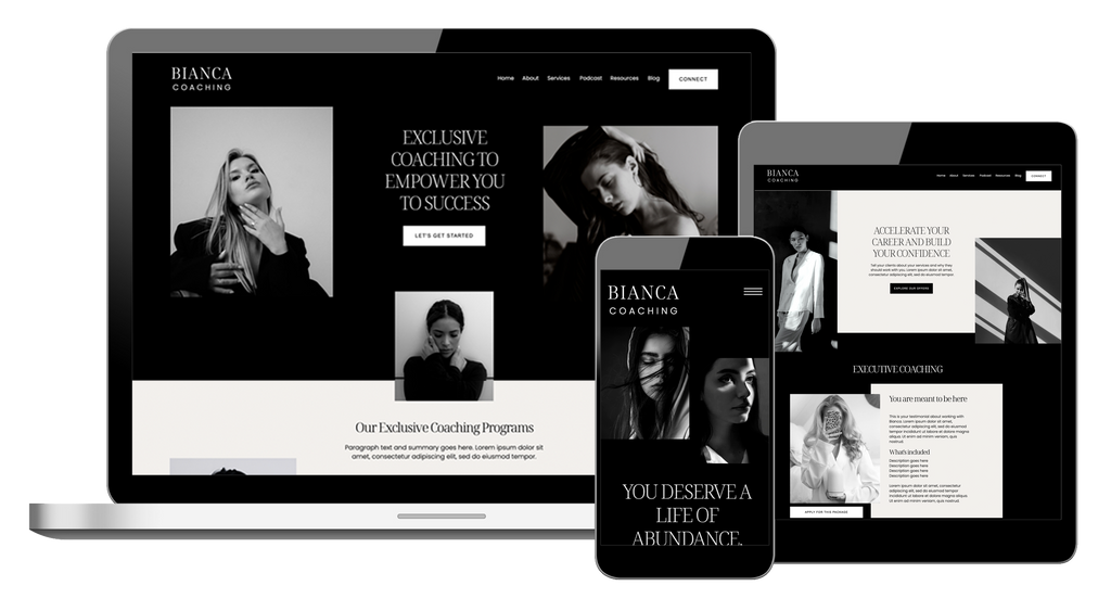 Showit business coach website template with a black and white theme.