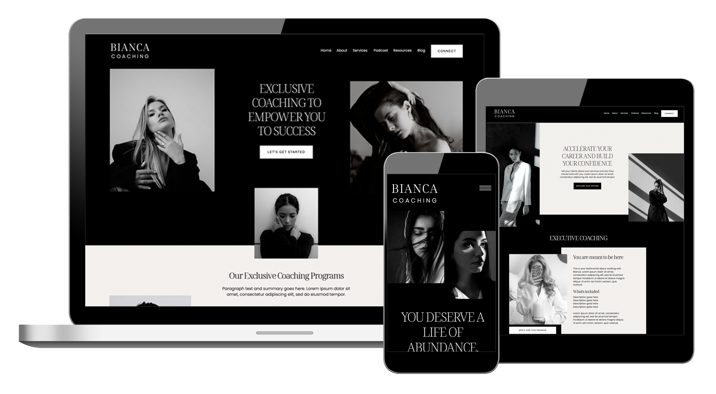Showit business coach website template with a black and white theme.