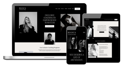 Showit business coach website template with a black and white theme.