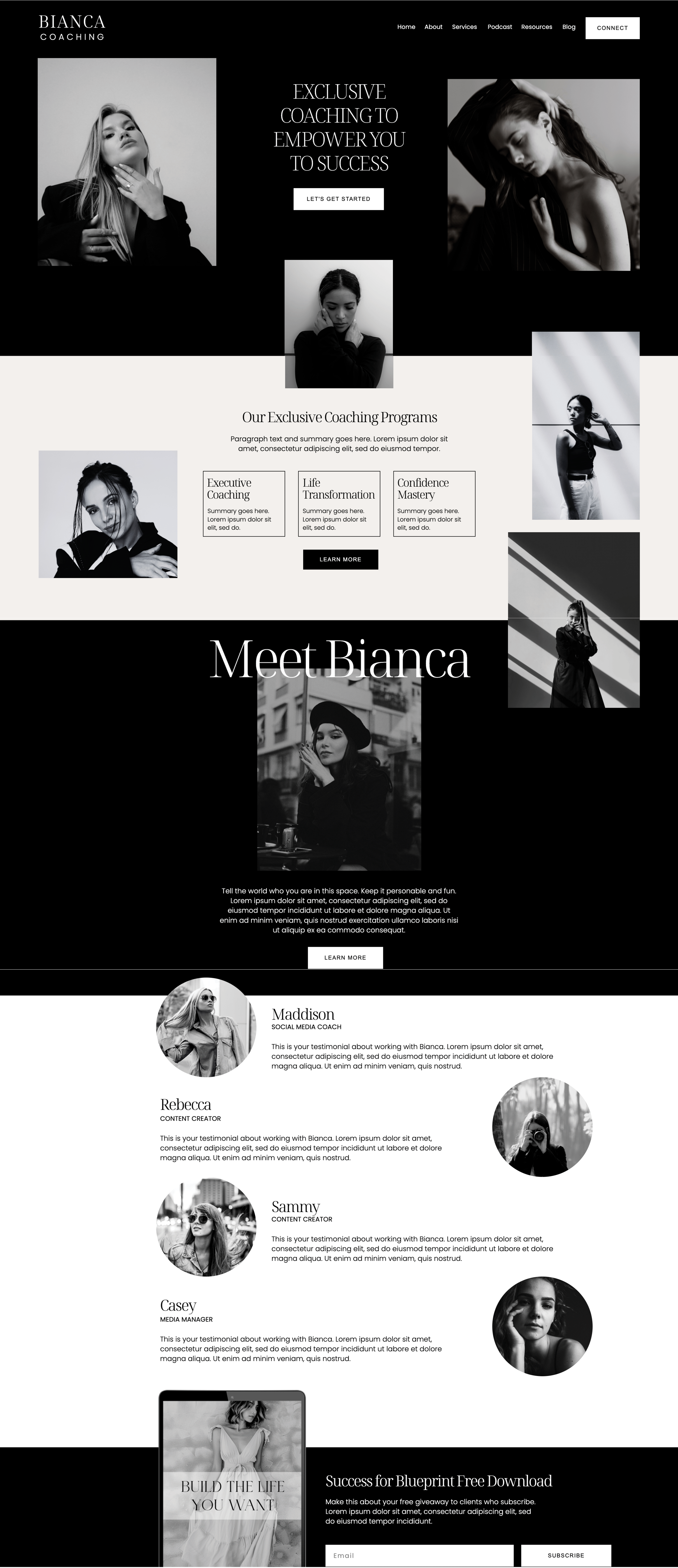 Showit business coach website template. Home Page with a black and white theme.