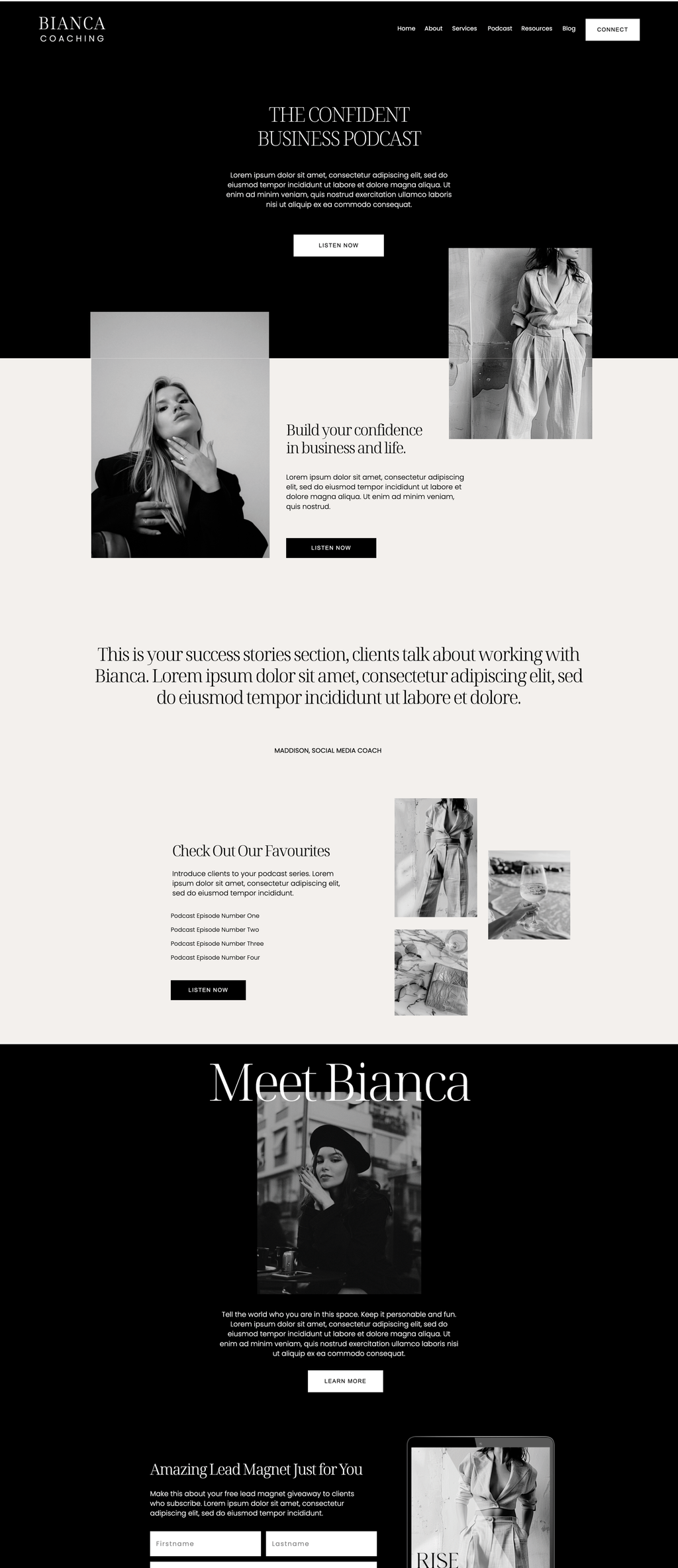 Showit business coach website template. Podcast Page with a black and white theme.