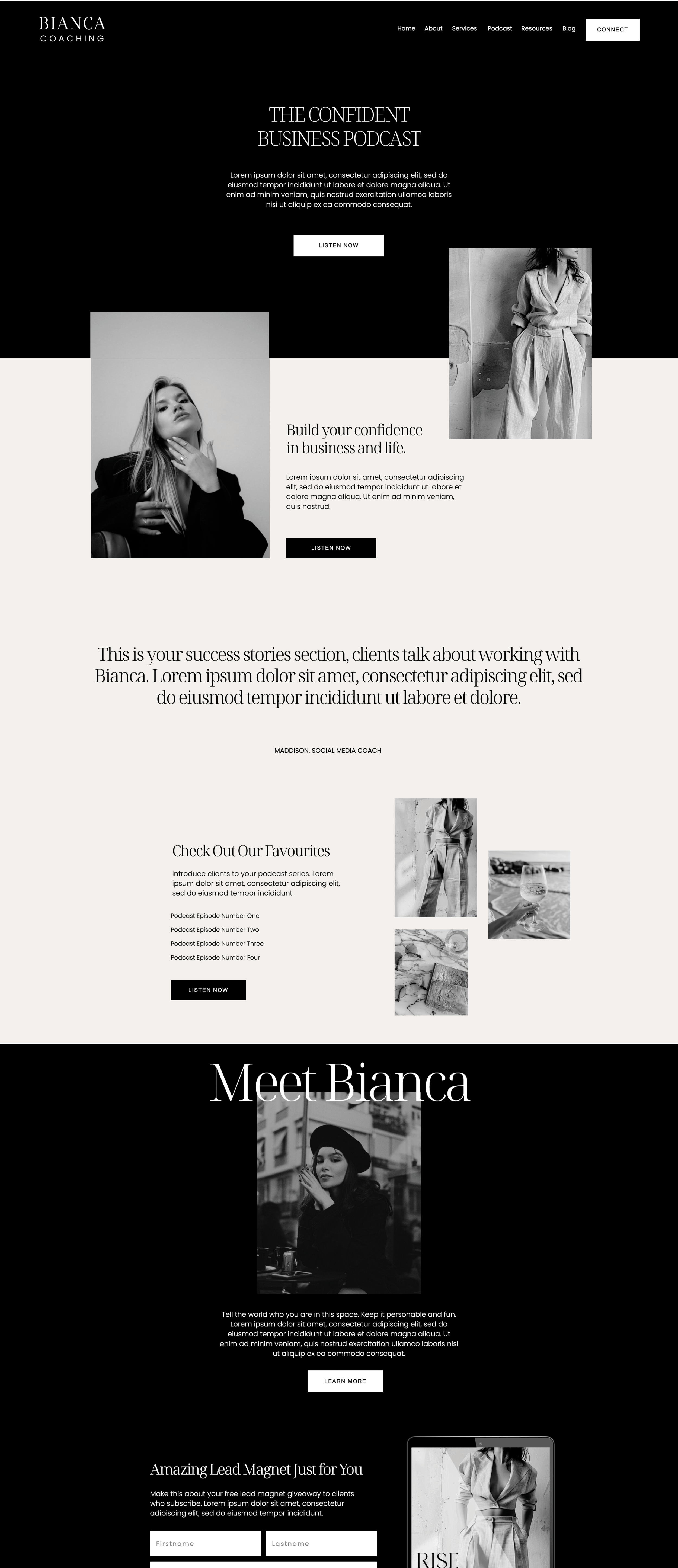 Showit business coach website template. Podcast Page with a black and white theme.