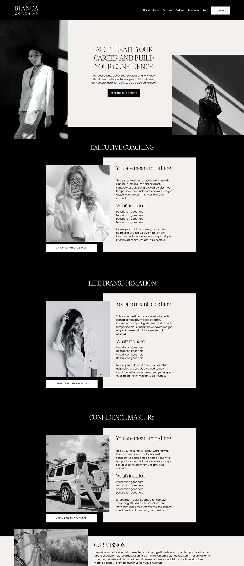 Showit business coach website template. Services Page with a black and white theme.