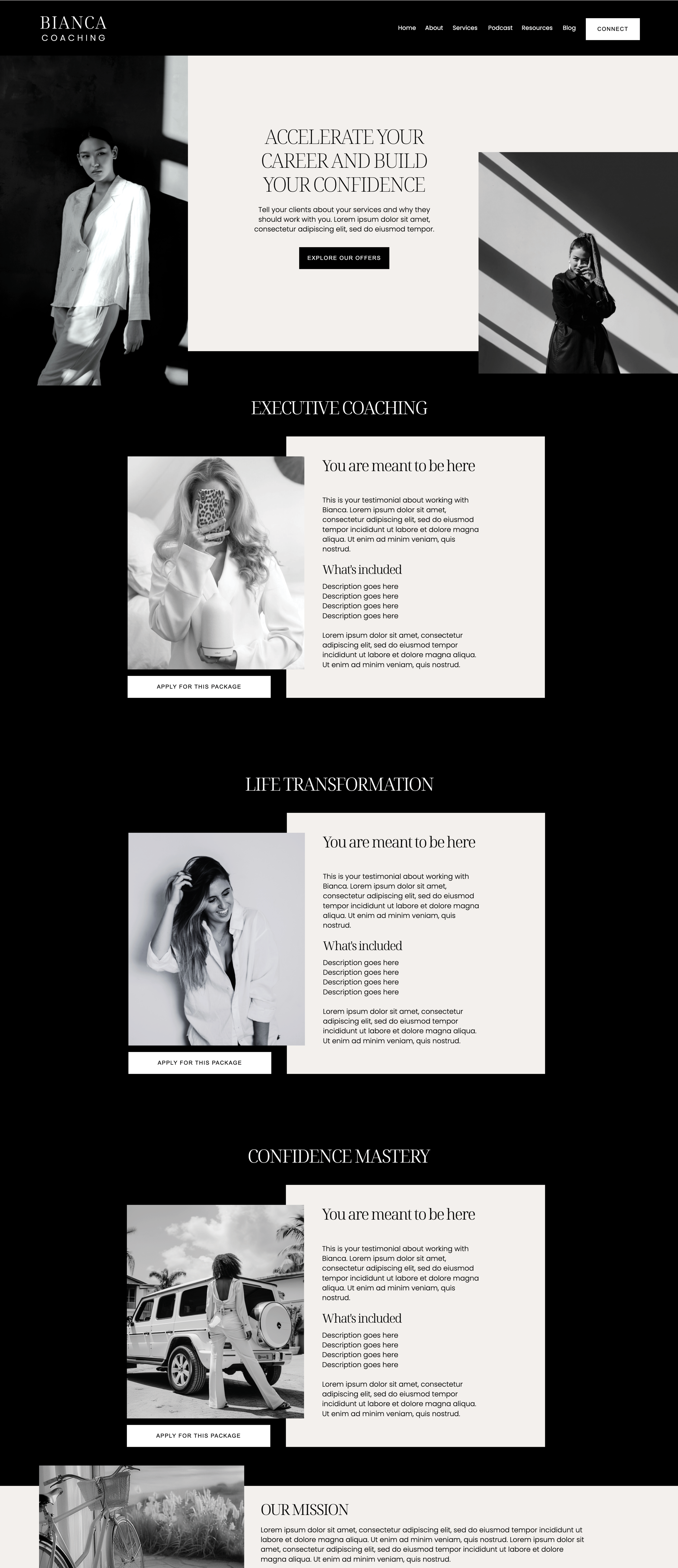 Showit business coach website template. Services Page with a black and white theme.