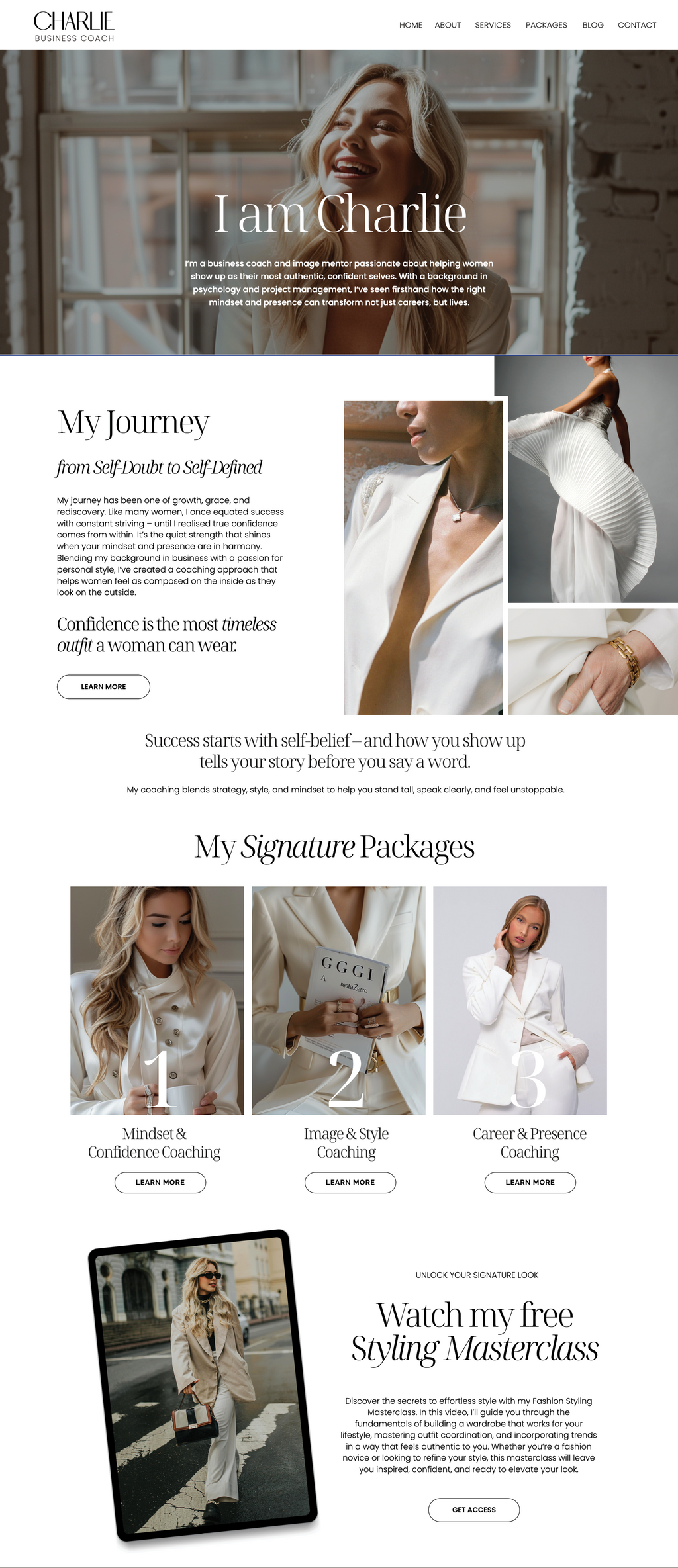 Showit fashion stylist website template. About Page with a soft neutral theme.