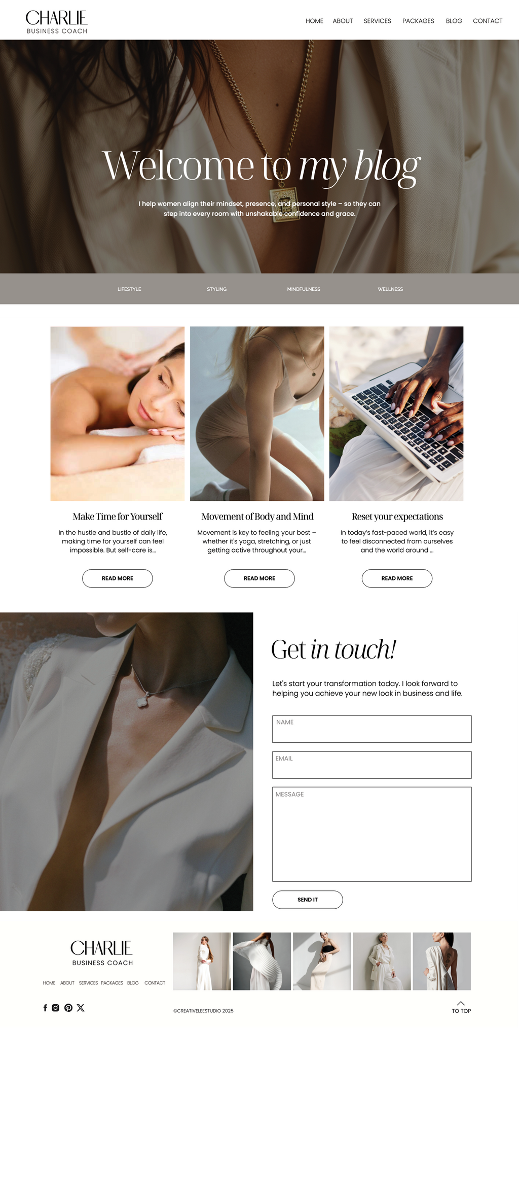 Showit fashion stylist website template. Blog Page with a soft neutral theme.