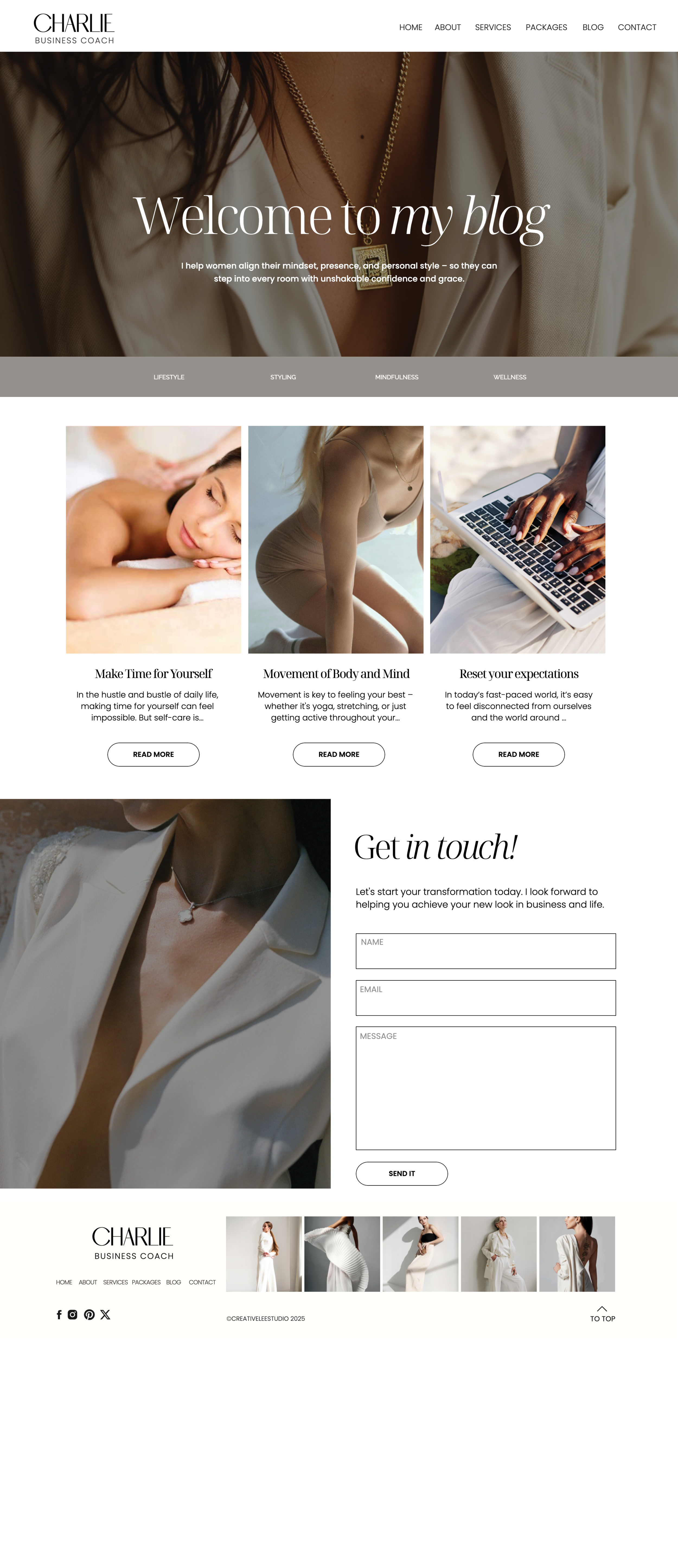 Showit fashion stylist website template. Blog Page with a soft neutral theme.