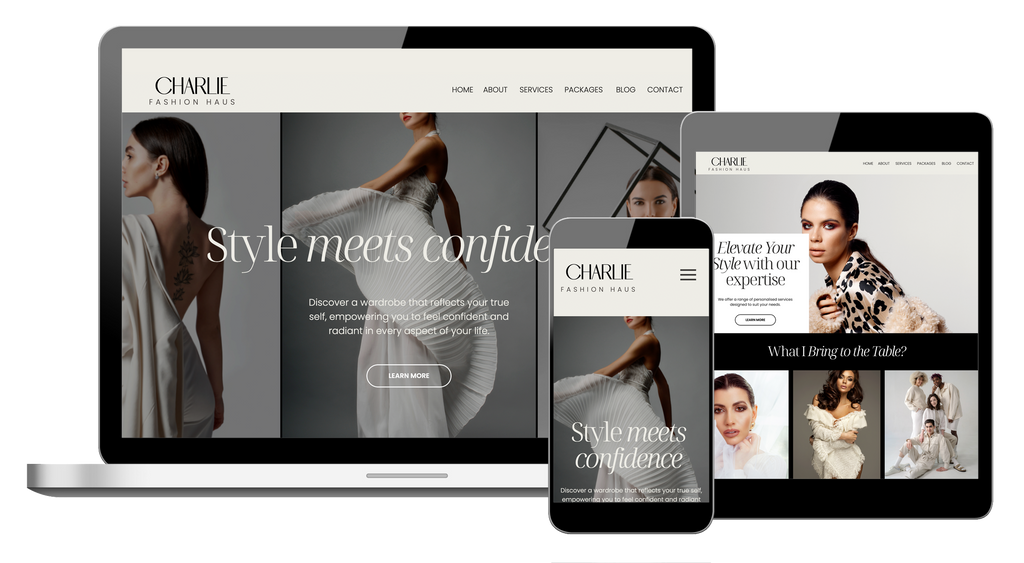 Showit fashion stylist website template with a soft neutral theme.