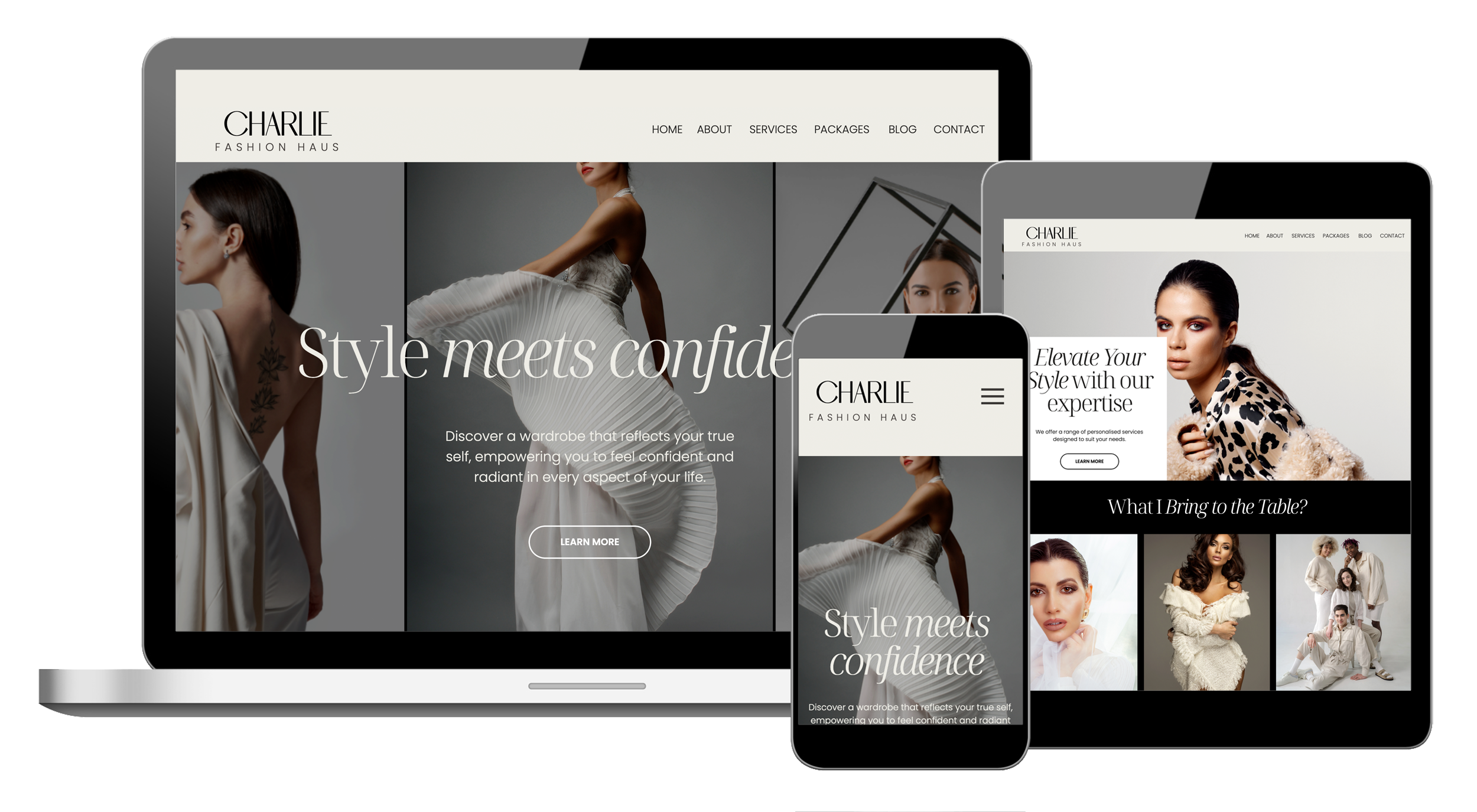 Showit fashion stylist website template with a soft neutral theme.