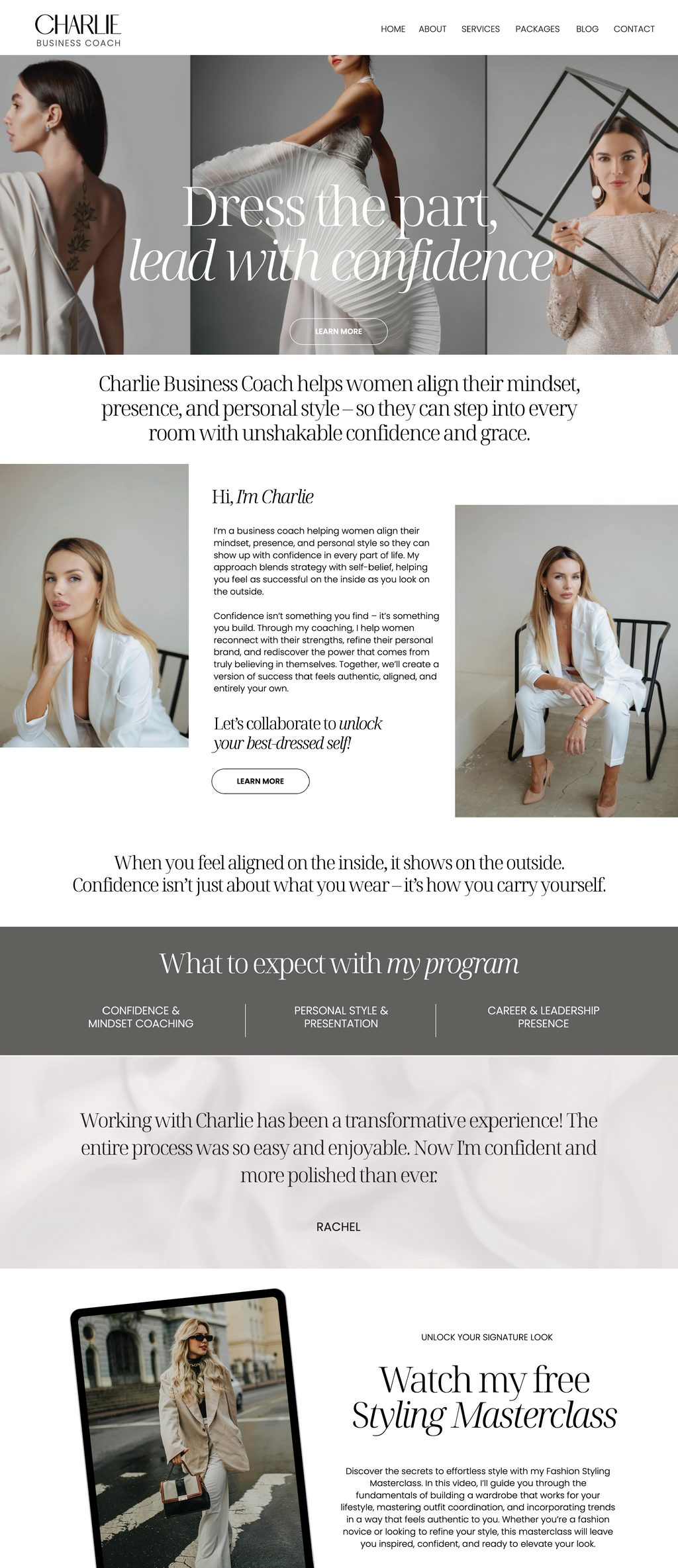 Showit fashion stylist website template. Home Page with a soft neutral theme.