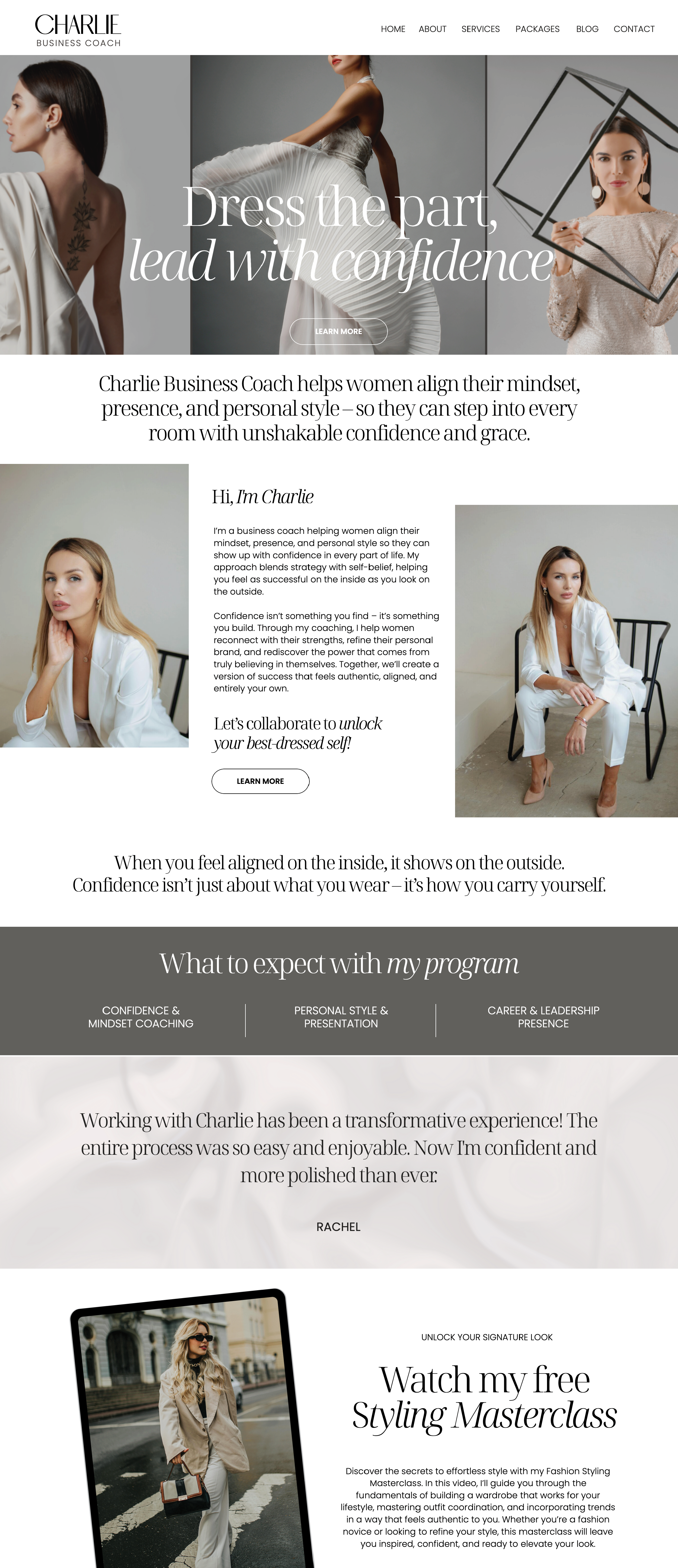 Showit fashion stylist website template. Home Page with a soft neutral theme.