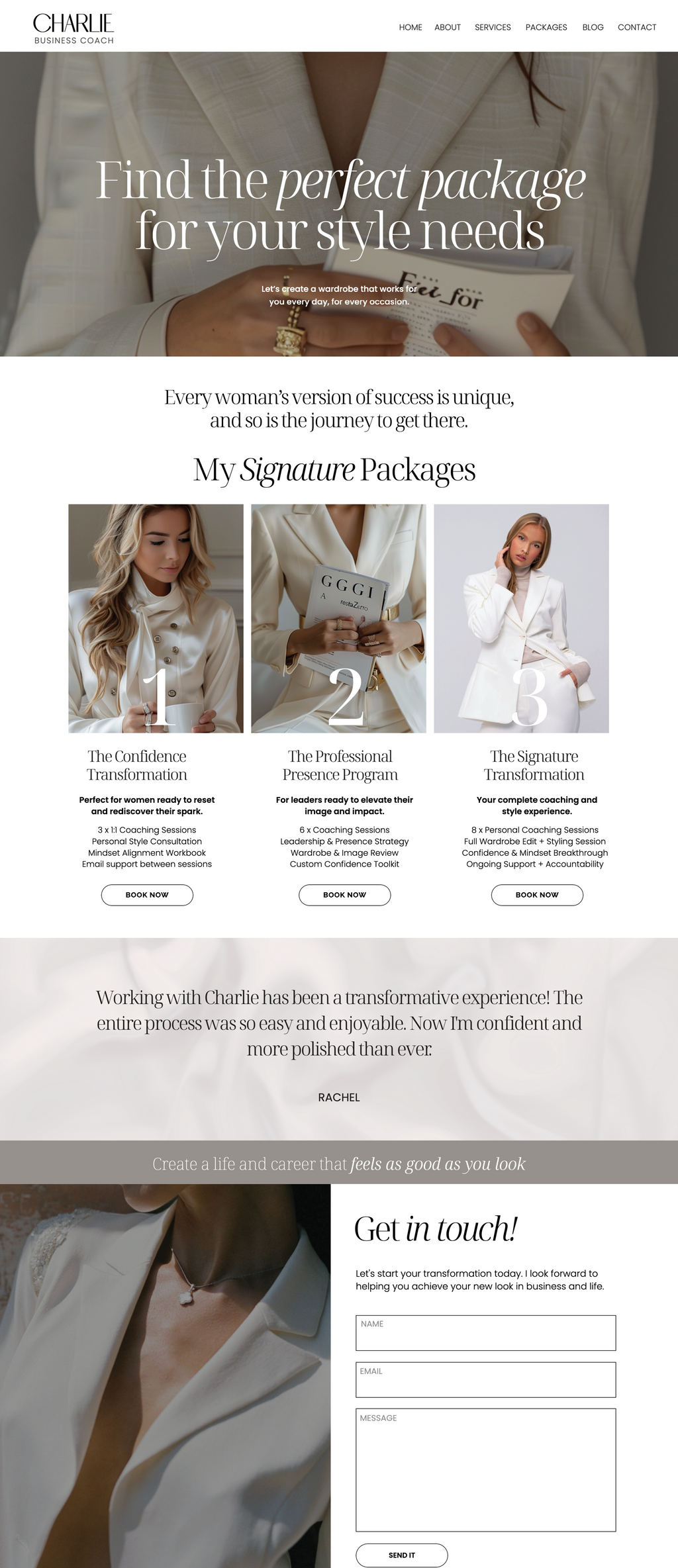 Showit fashion stylist website template. Packages Page with a soft neutral theme.