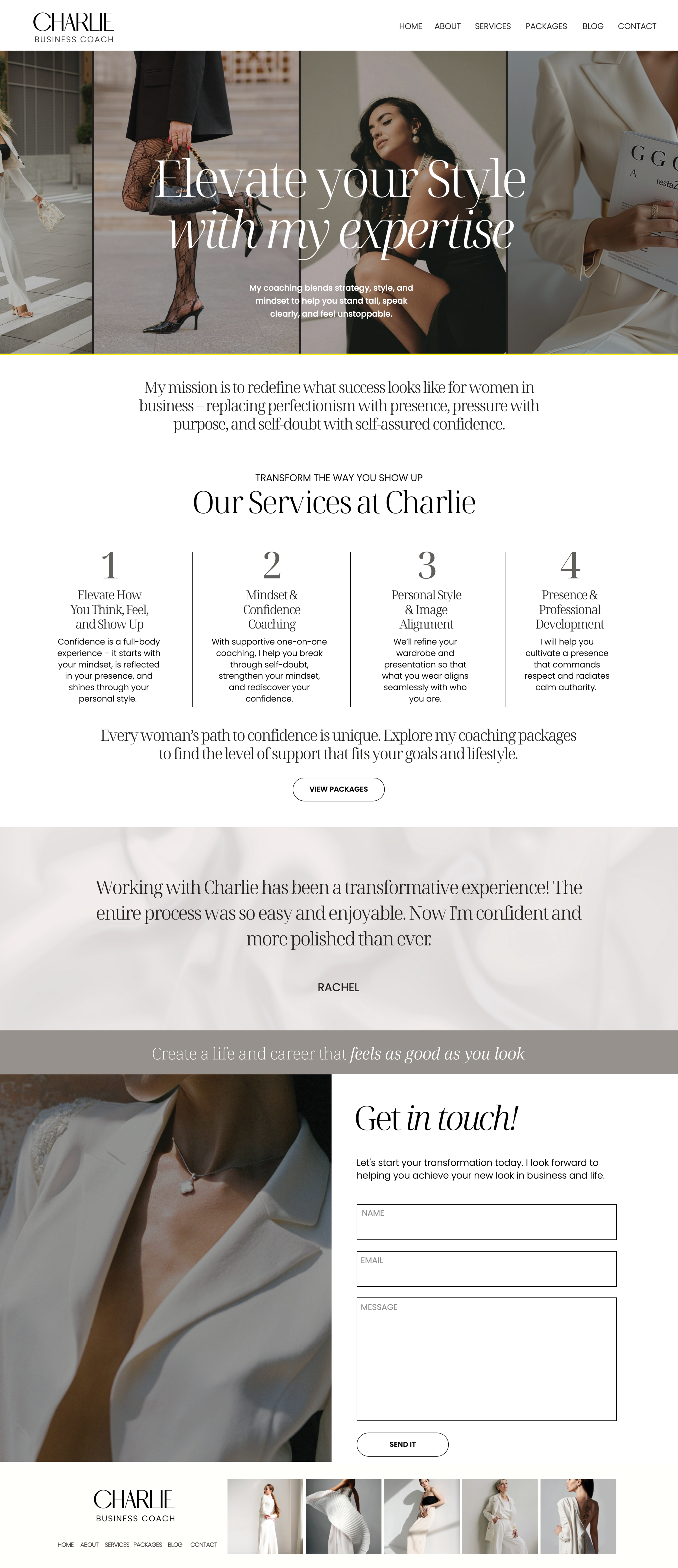 Showit fashion stylist website template. Services Page with a soft neutral theme.