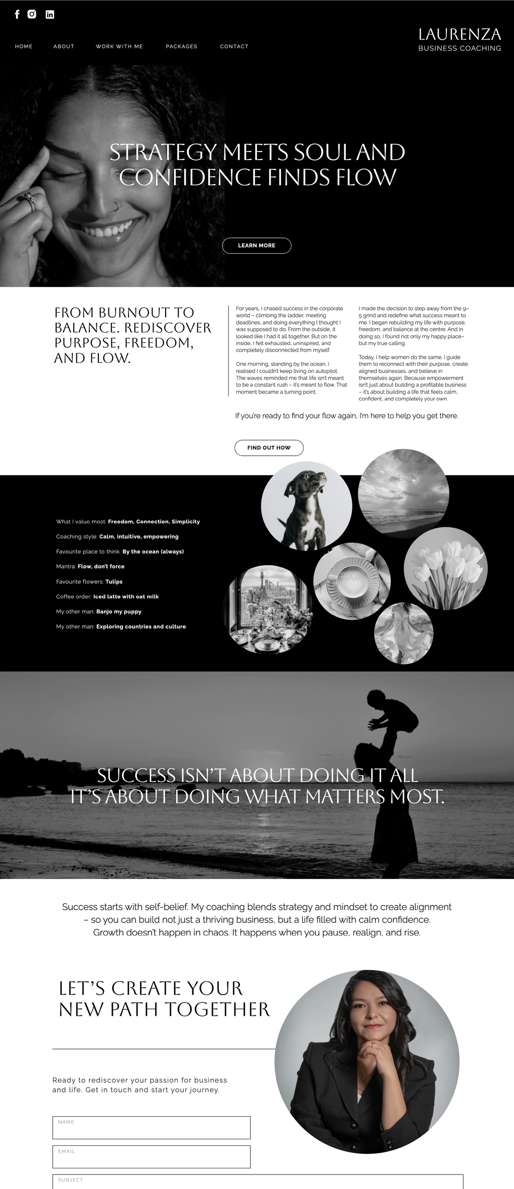Showit business coach website template. About Page with a grey, black and white theme.