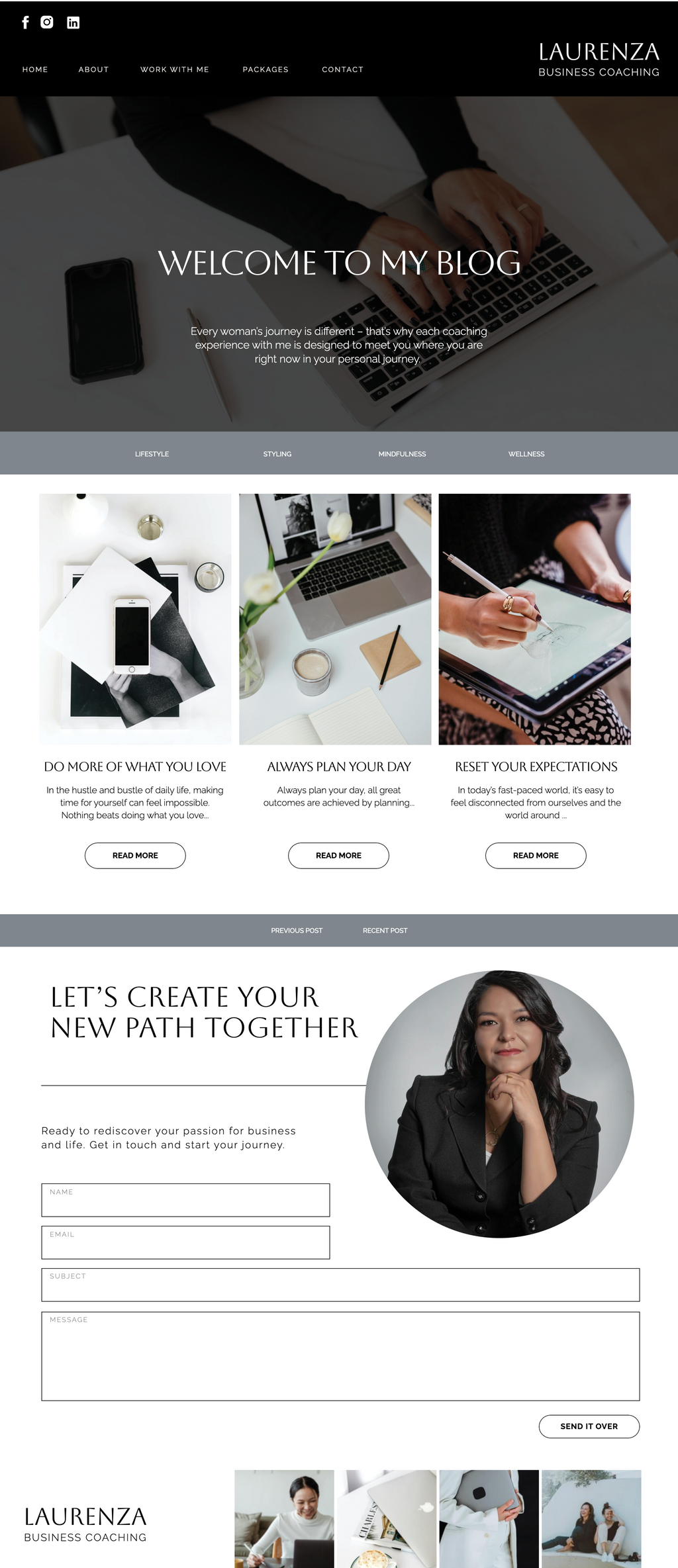 Showit business coach website template. Blog Page with a grey, black and white theme.