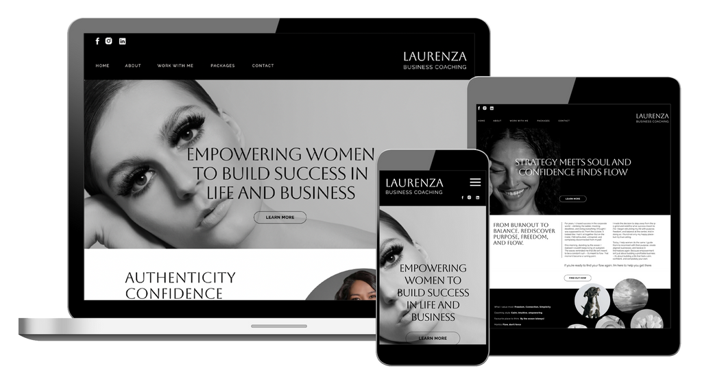 Showit business coach website template, with a grey, black and white theme.