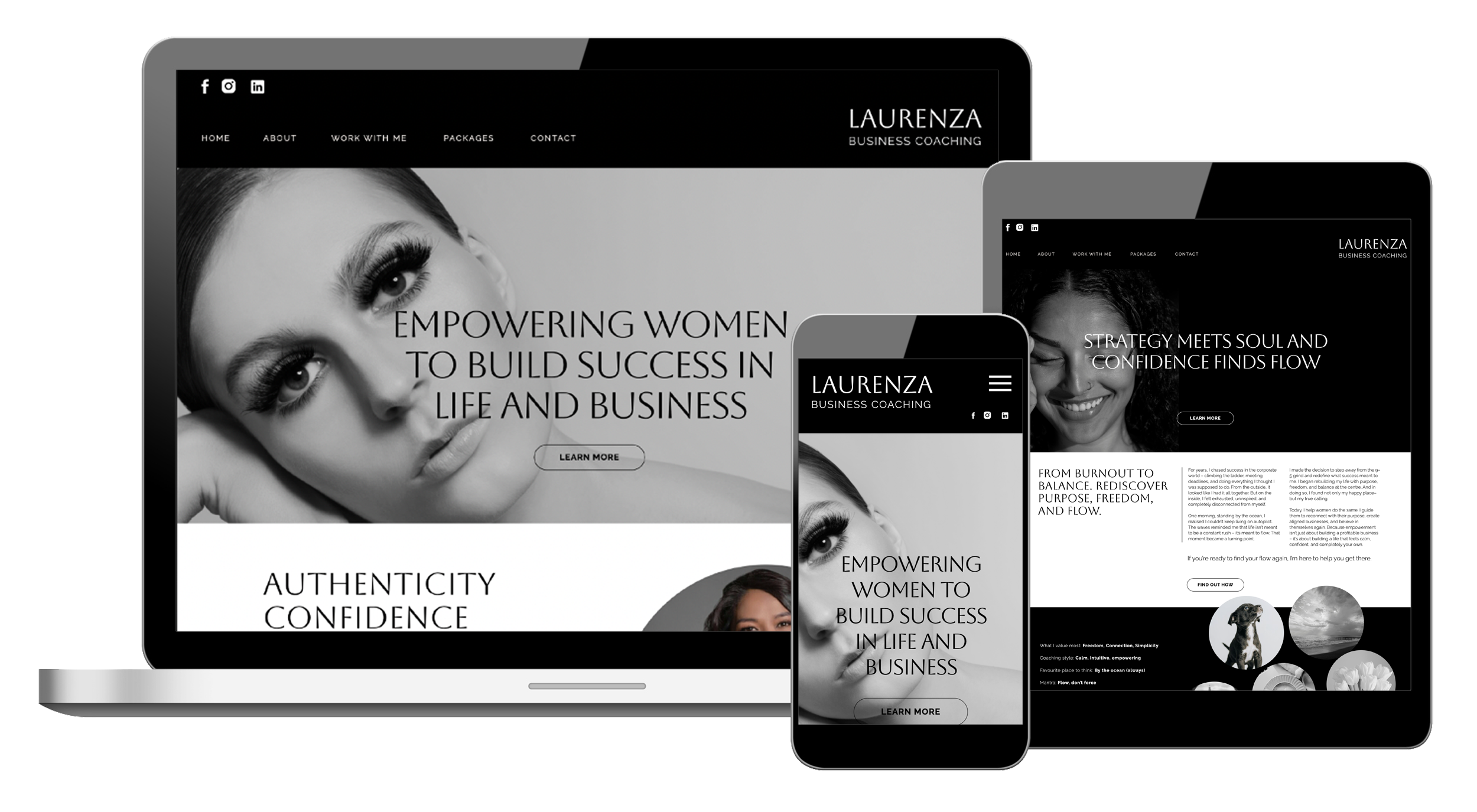 Showit business coach website template, with a grey, black and white theme.