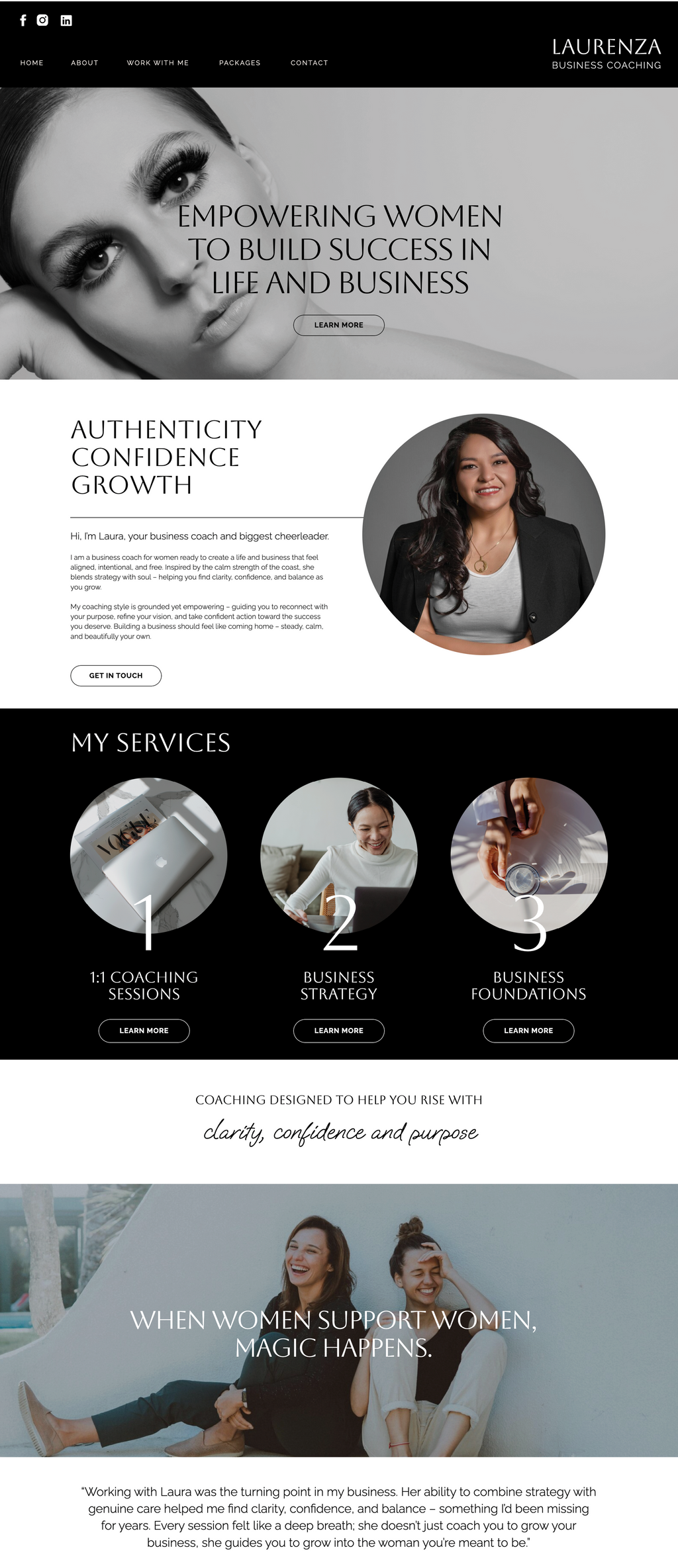 Showit business coach website template. Home Page with a grey, black and white theme.