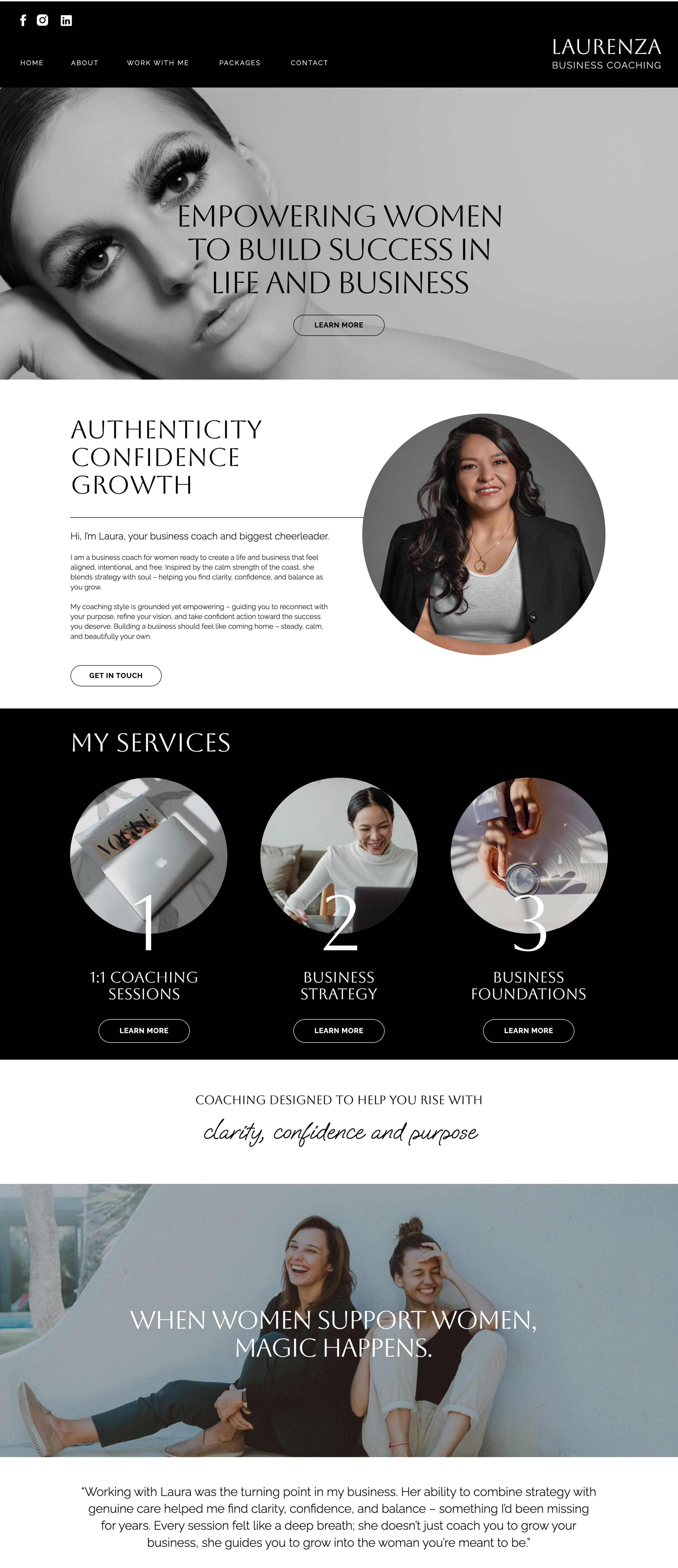 Showit business coach website template. Home Page with a grey, black and white theme.