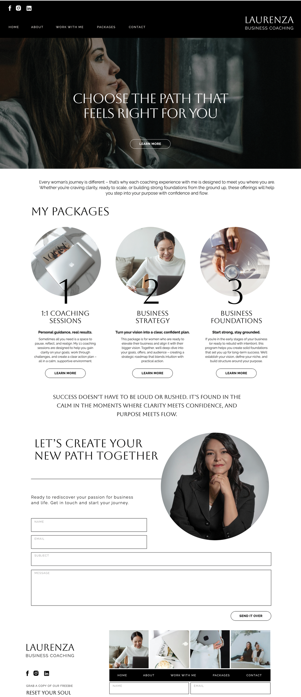 Showit business coach website template. Packages Page with a grey, black and white theme.