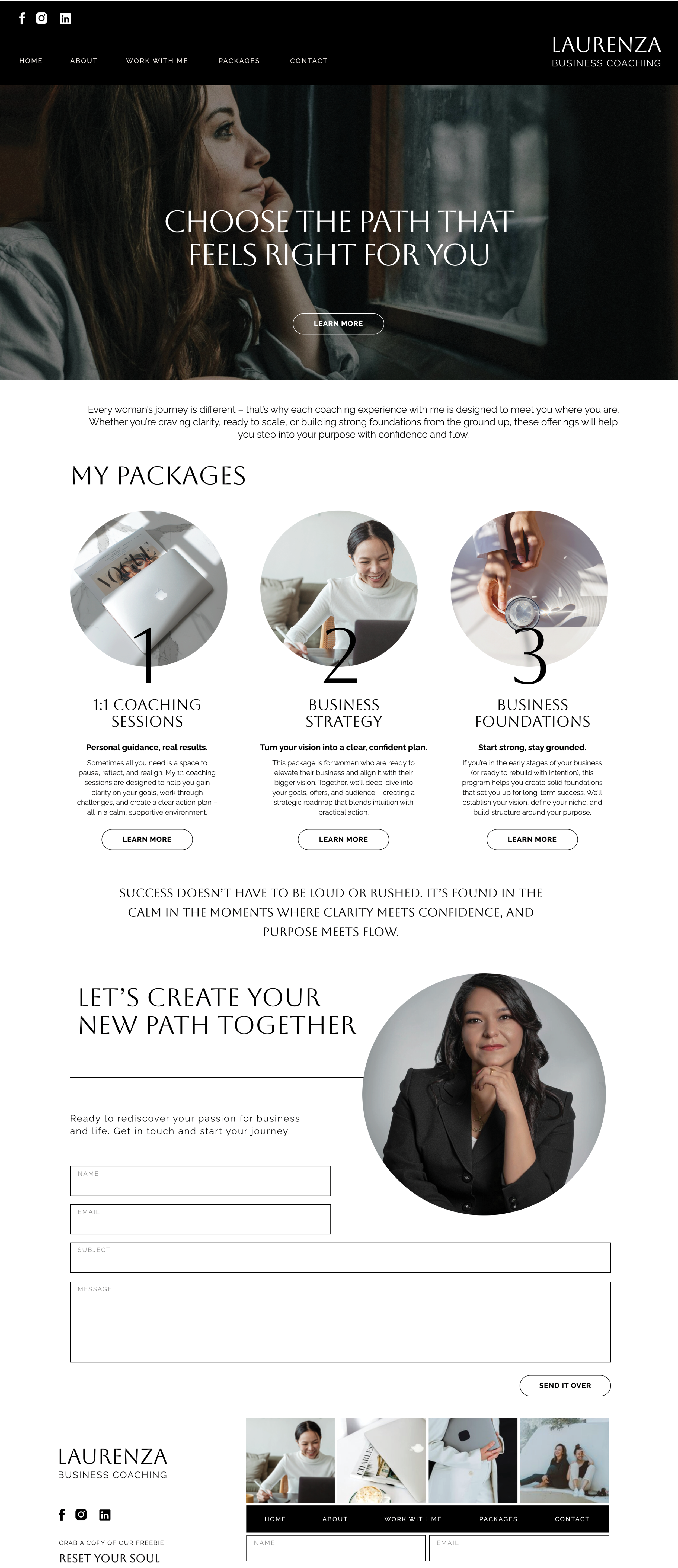 Showit business coach website template. Packages Page with a grey, black and white theme.