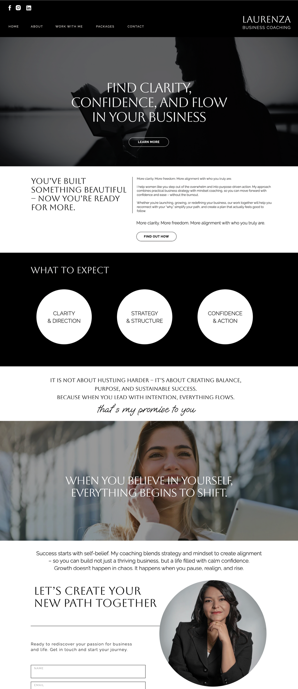 Showit business coach website template. Work with me Page with a grey, black and white theme.