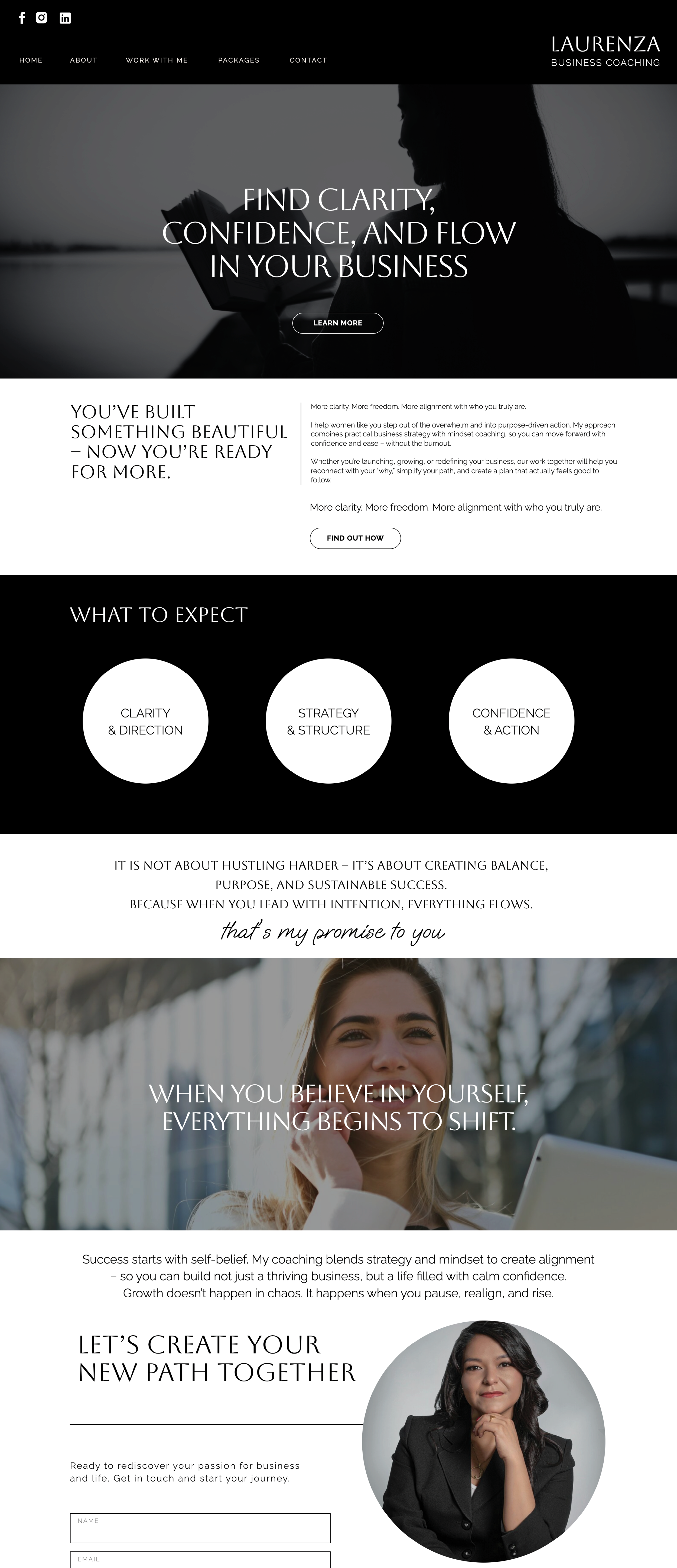 Showit business coach website template. Work with me Page with a grey, black and white theme.