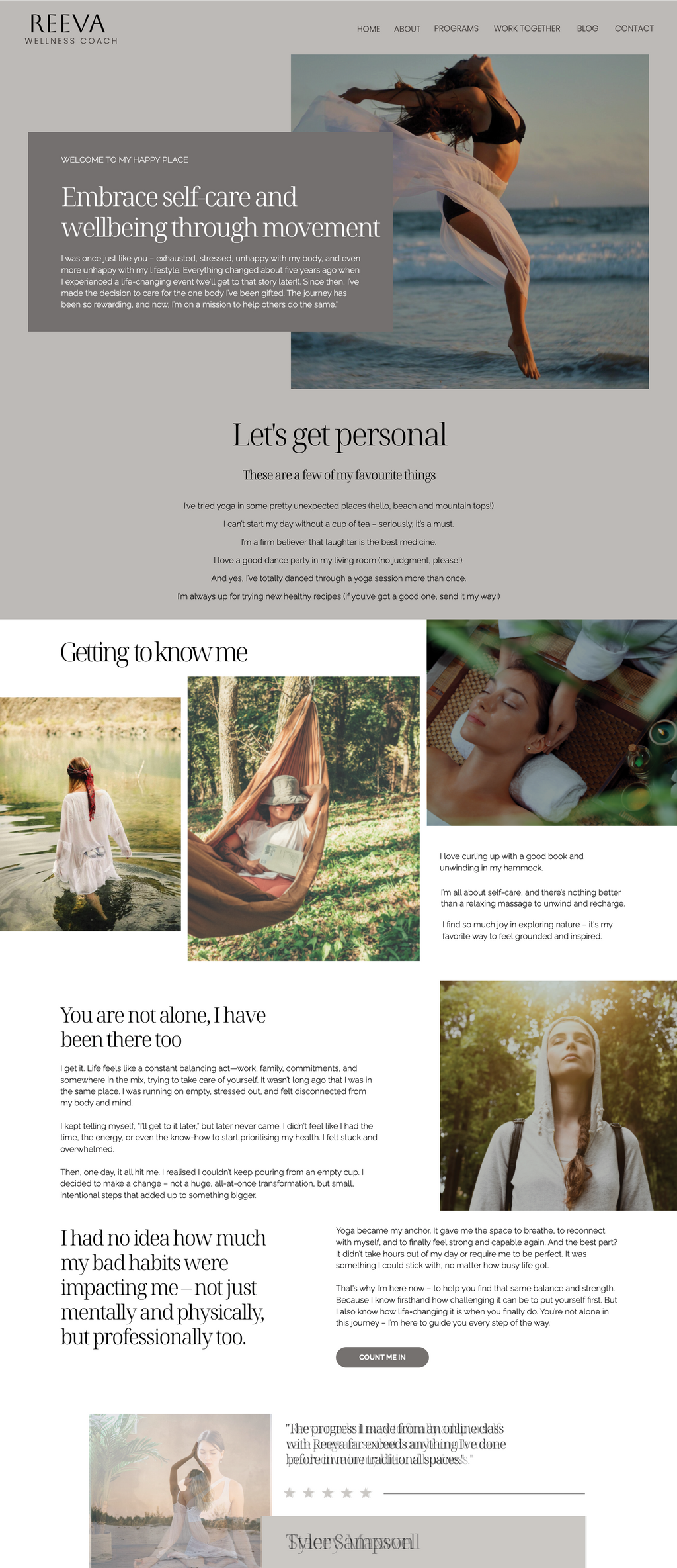 Reeva Showit yoga and wellness website template. About Page with a soft neutral theme.