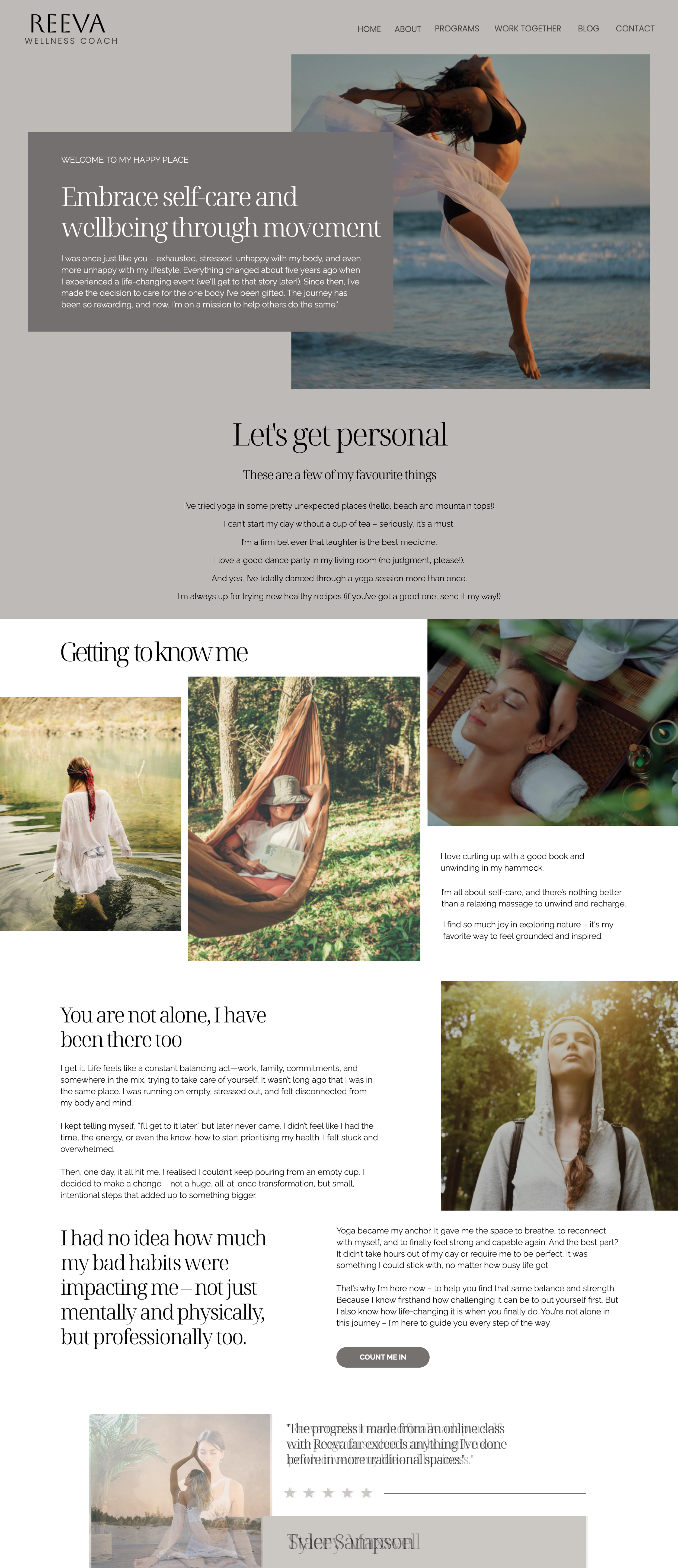 Reeva Showit yoga and wellness website template. About Page with a soft neutral theme.