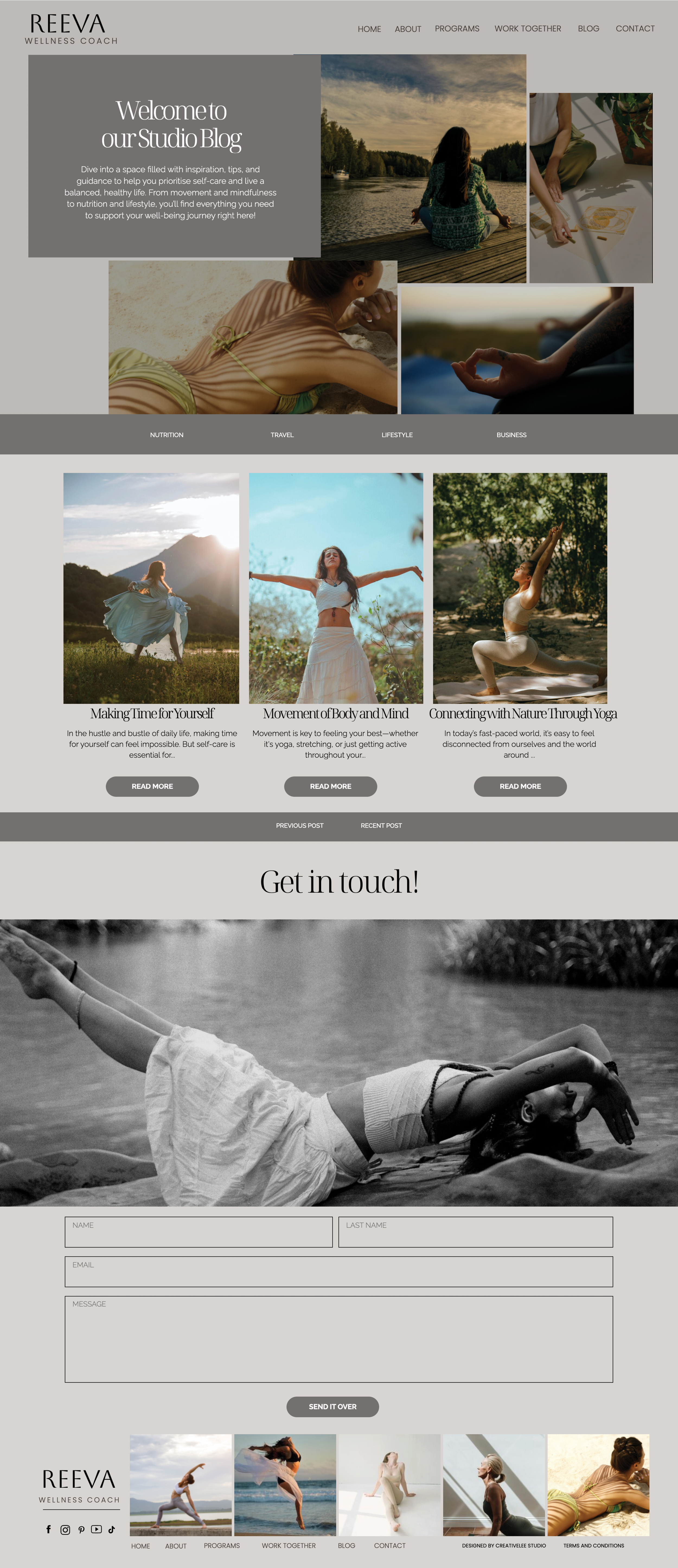 Reeva Showit yoga and wellness website template. Blog Page with a soft neutral theme.