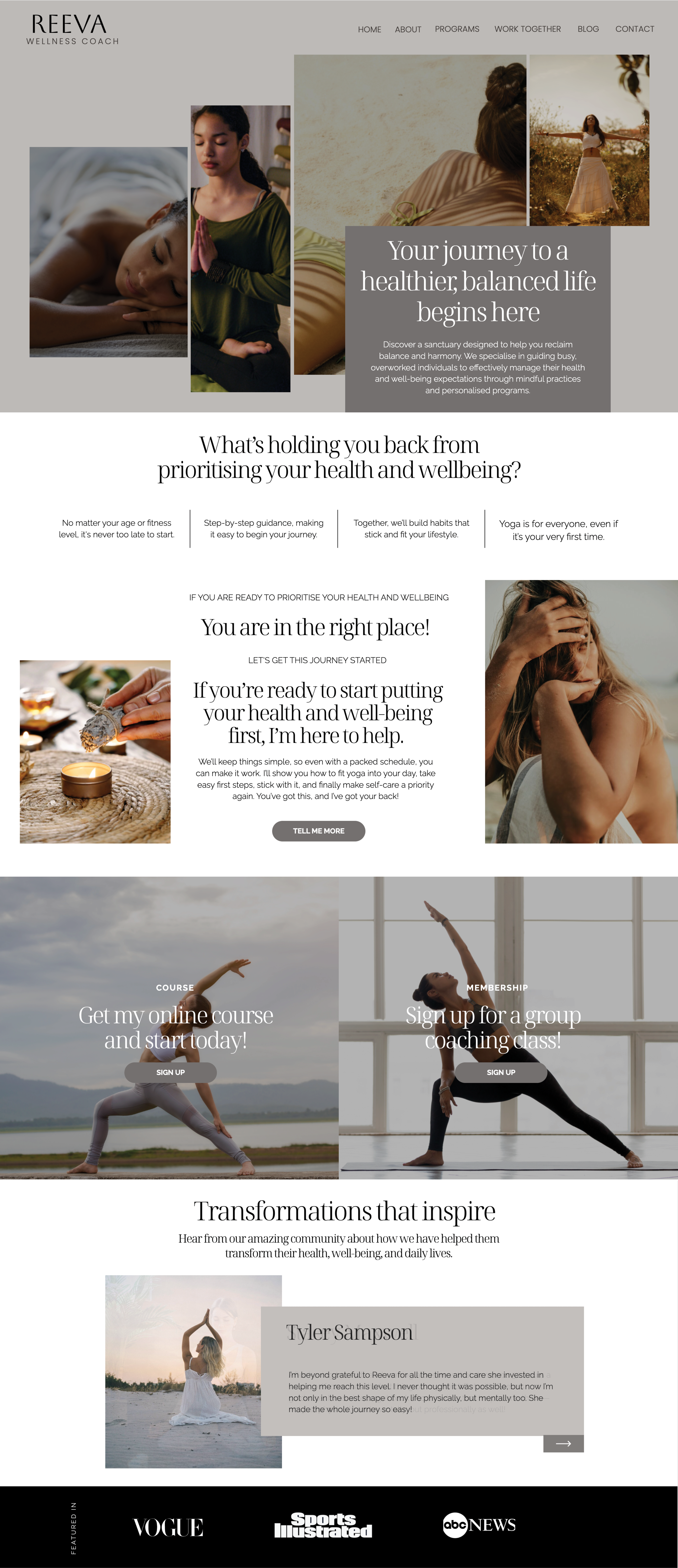 Reeva Showit yoga and wellness website template. Home Page with a soft neutral theme.