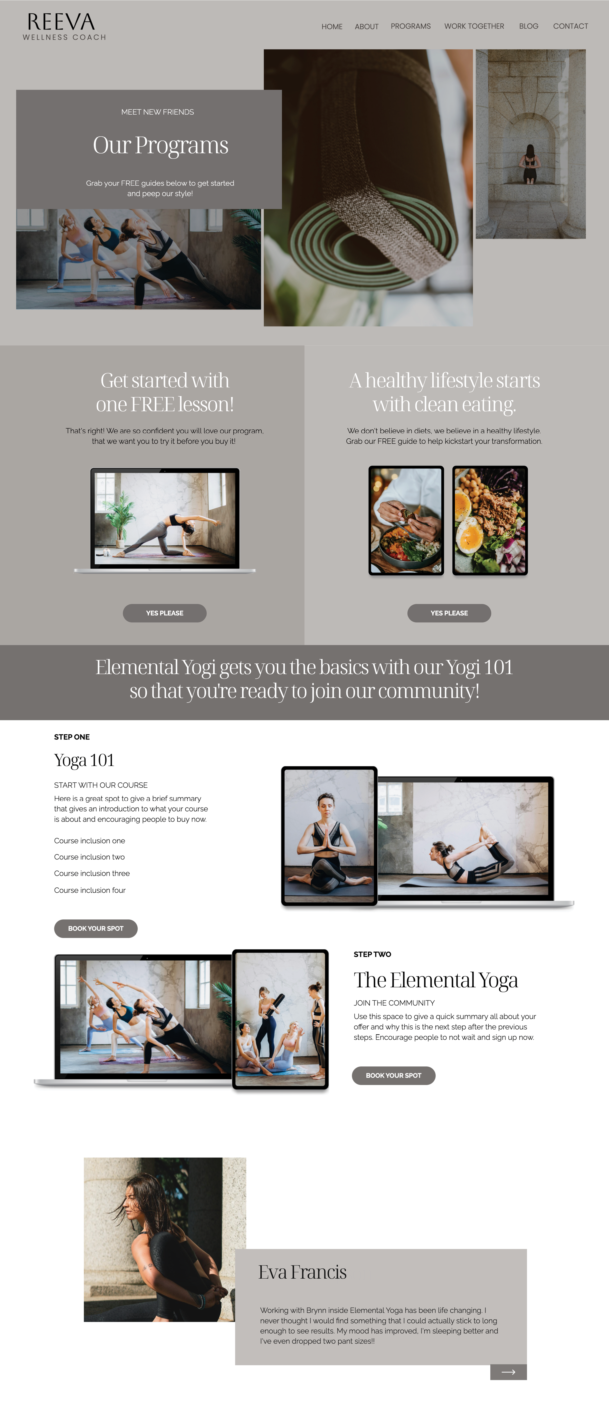 Reeva Showit yoga and wellness website template. Programs Page with a soft neutral theme.